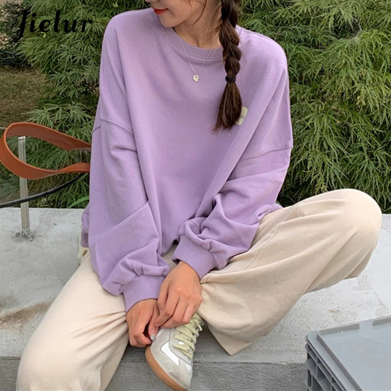 Korean Autumn Style Loose Long Sleeve Letter Print O-Neck Sweatshirt for Women - Casual Oatmeal Hoodie Pullover for Fall Fashion, Streetwear & Cozy Loungewear