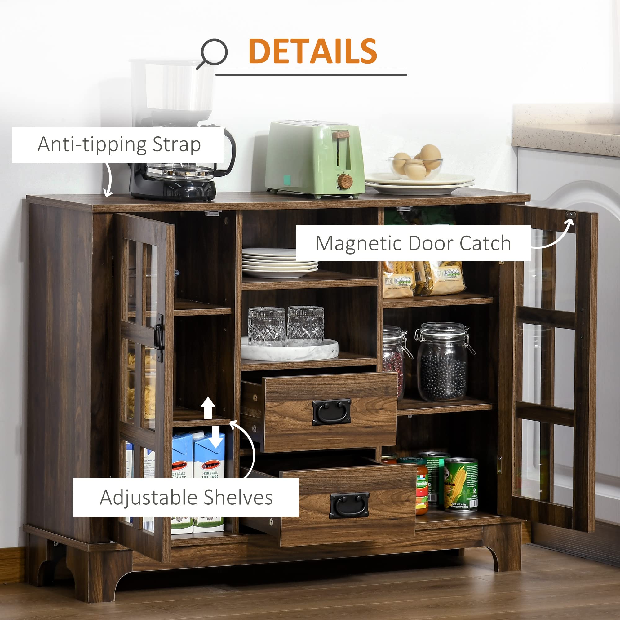 HOMCOM Dark Walnut Sideboard Buffet Cabinet with Glass Door - Coffee Bar Cabinet with Storage Drawers & Adjustable Shelves for Kitchen, Living Room - Perfect for Dining Room Storage & Entertaining Guests