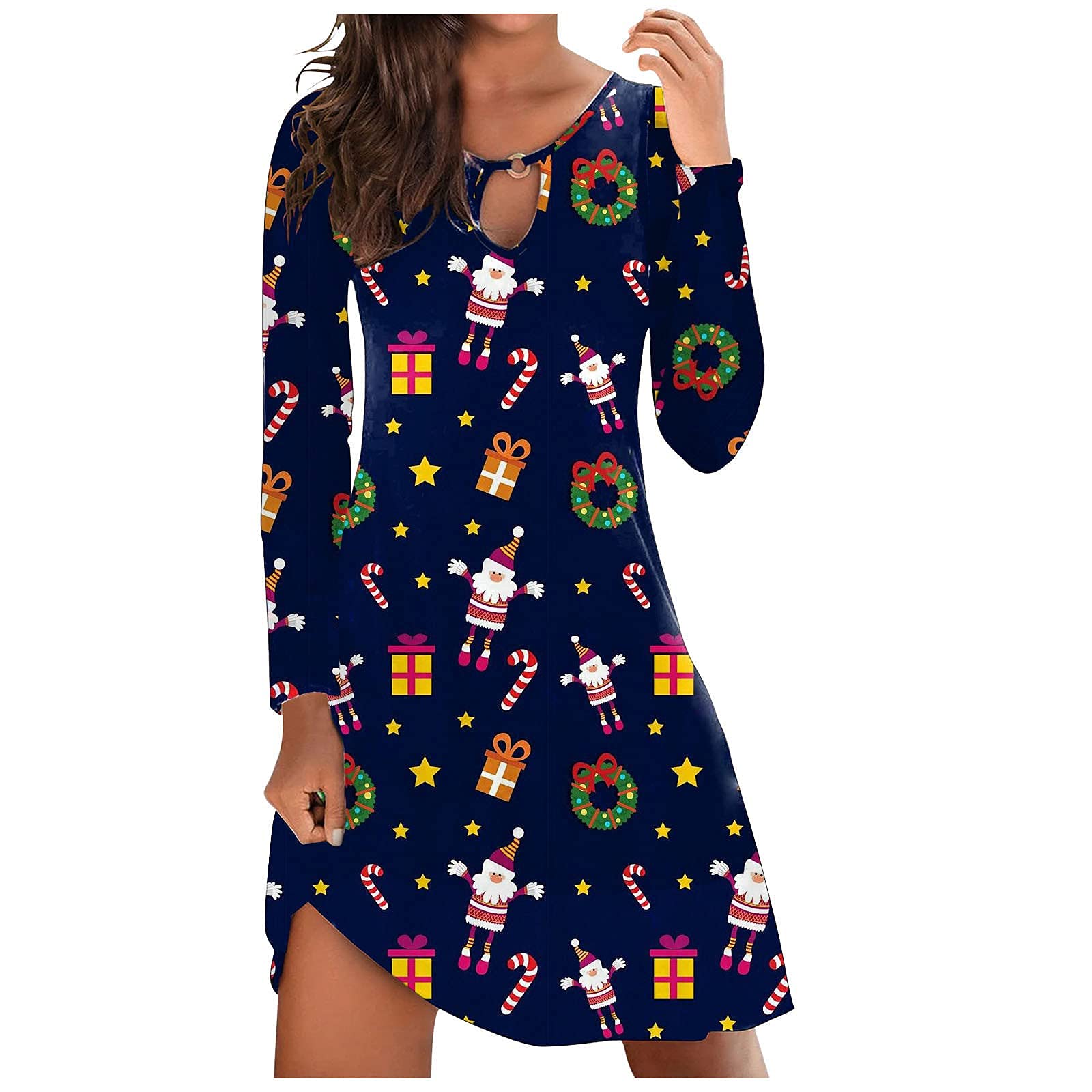Jsarle Women's Christmas Santa Claus Printed Long Sleeve Flare Swing Dress - Elegant Midi Dress for Holiday Parties, Wedding Guest Outfits & Casual Fall Wear