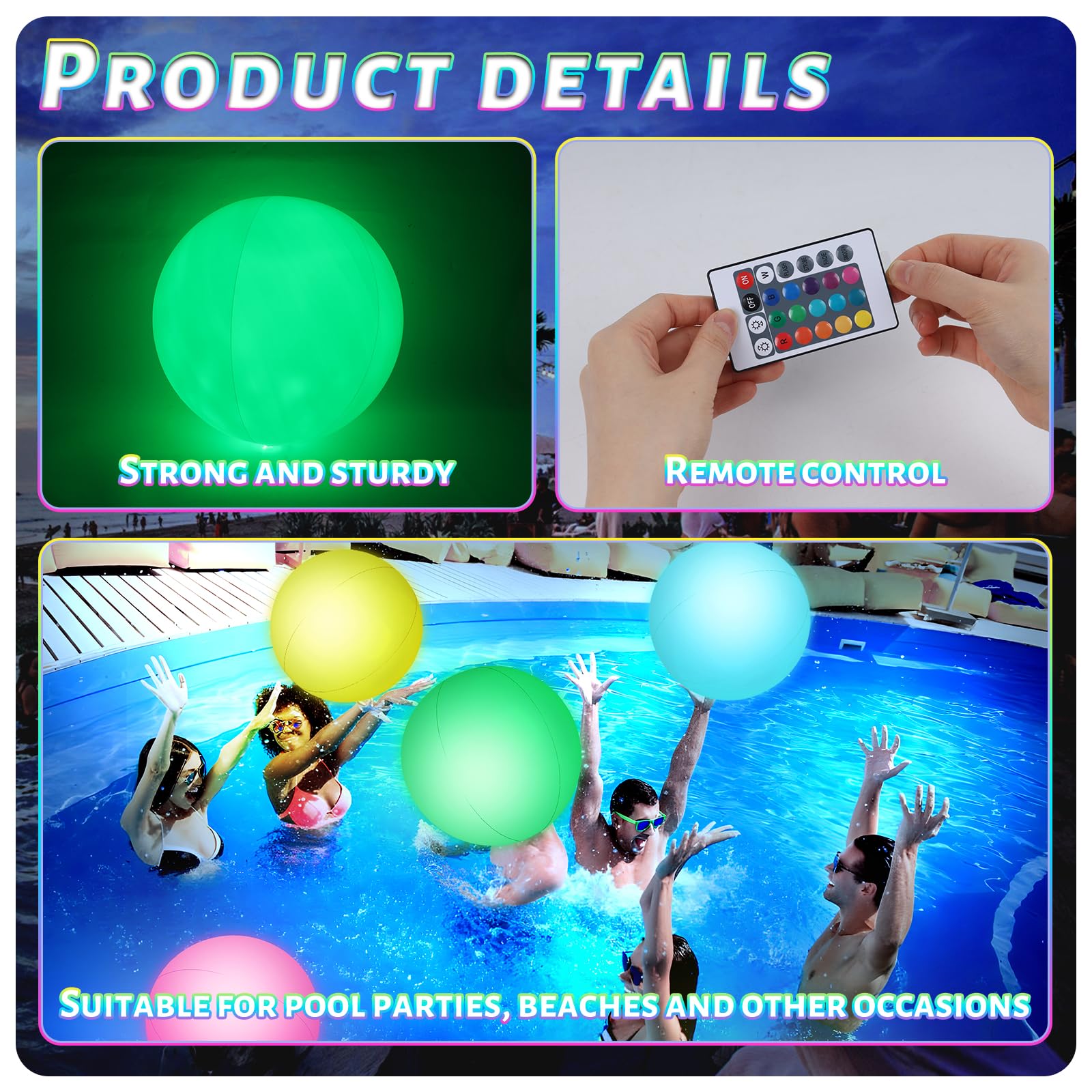 3PCS Light Up Beach Balls for Kids - 16Inch Glow Pool Toys with Remote Control, Inflatable Summer Party Favors for Night Swim, Birthday Bash & Backyard Fun