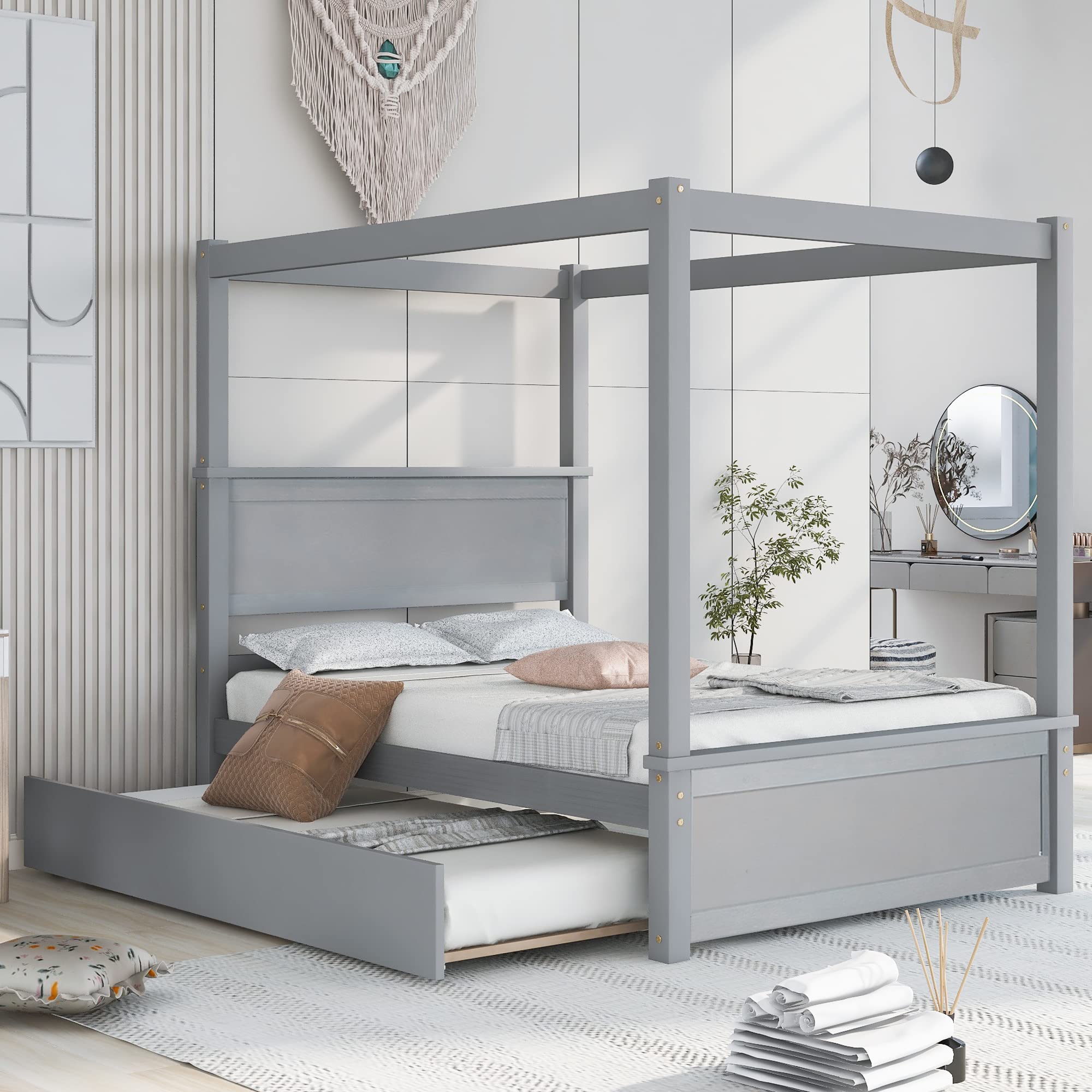 **Merax Full Size Canopy Bed Frame with Trundle - Wooden Platform Bed with Headboard & Footboard, Grey - Perfect for Kids, Girls & Boys Bedrooms, Guest Rooms & Small Spaces**
