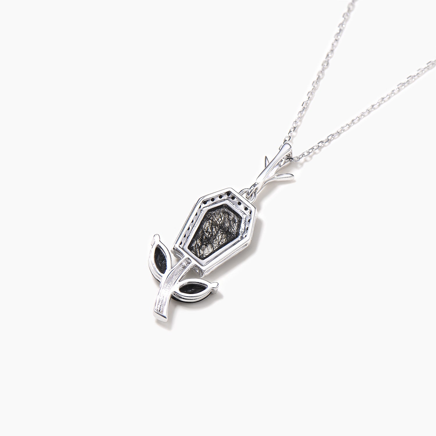 Natural Black Rutilated Quartz Coffin Cut Pendant with Floral Leaf Design - Elegant Gothic Jewelry for Women, Perfect for Halloween, Dark Aesthetic Fashion & Witchy Boho Outfits