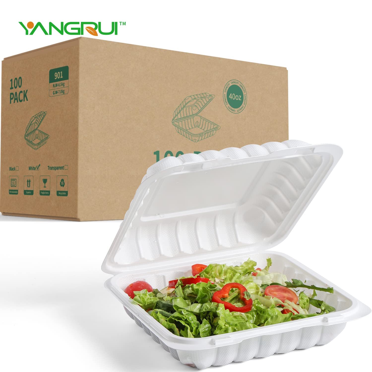 YANGRUI 100-Pack Reusable 9-Inch Meal Prep Containers - 41oz BPA-Free Plastic Clamshell Food Storage, Microwave & Freezer Safe - Perfect for Restaurant Takeout, Meal Prepping, and Leftovers Storage