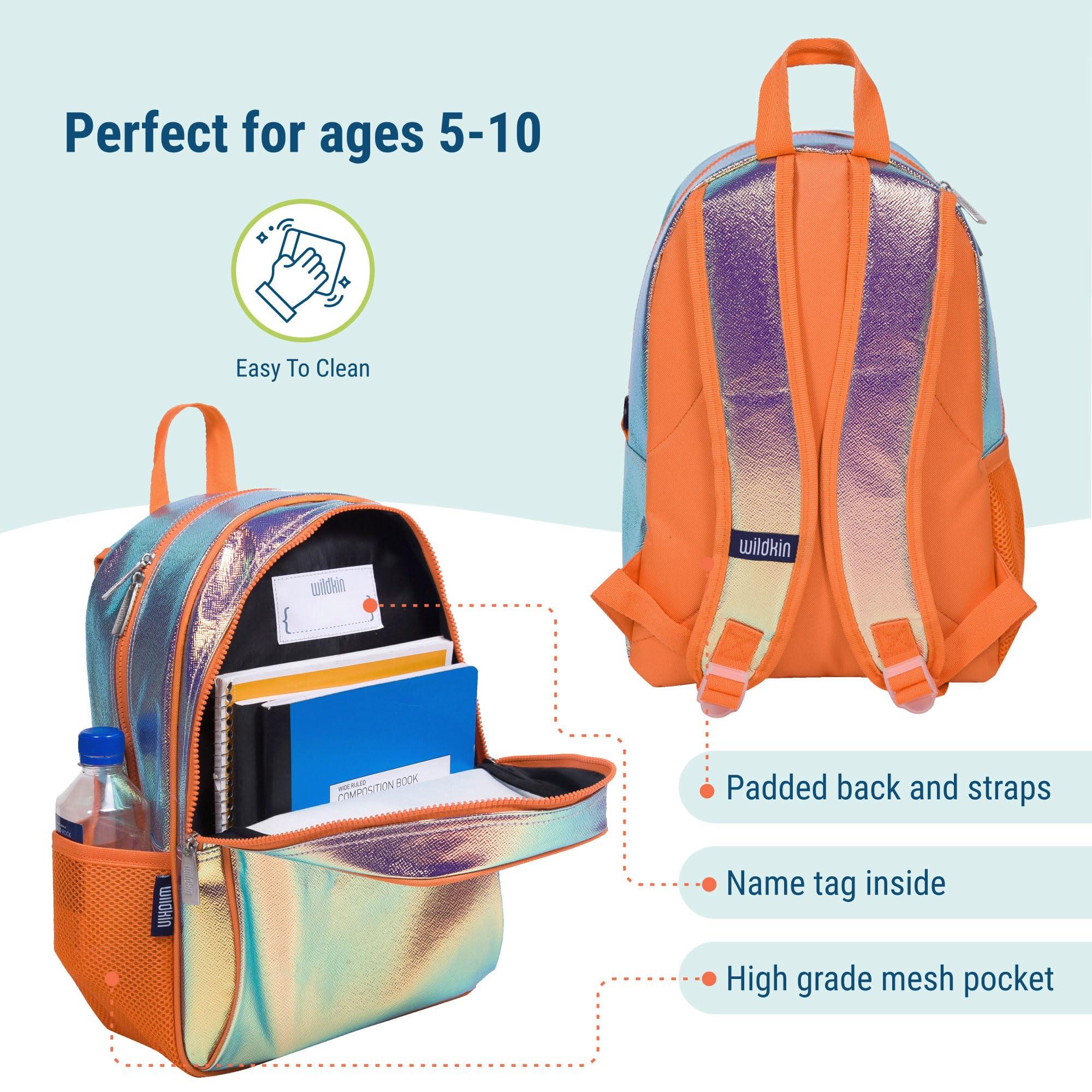 Wildkin 15-inch Kids Backpack - Durable Padded School Backpack with Adjustable Straps for Boys & Girls - Orange Shimmer - Perfect for School, Travel & Day Trips