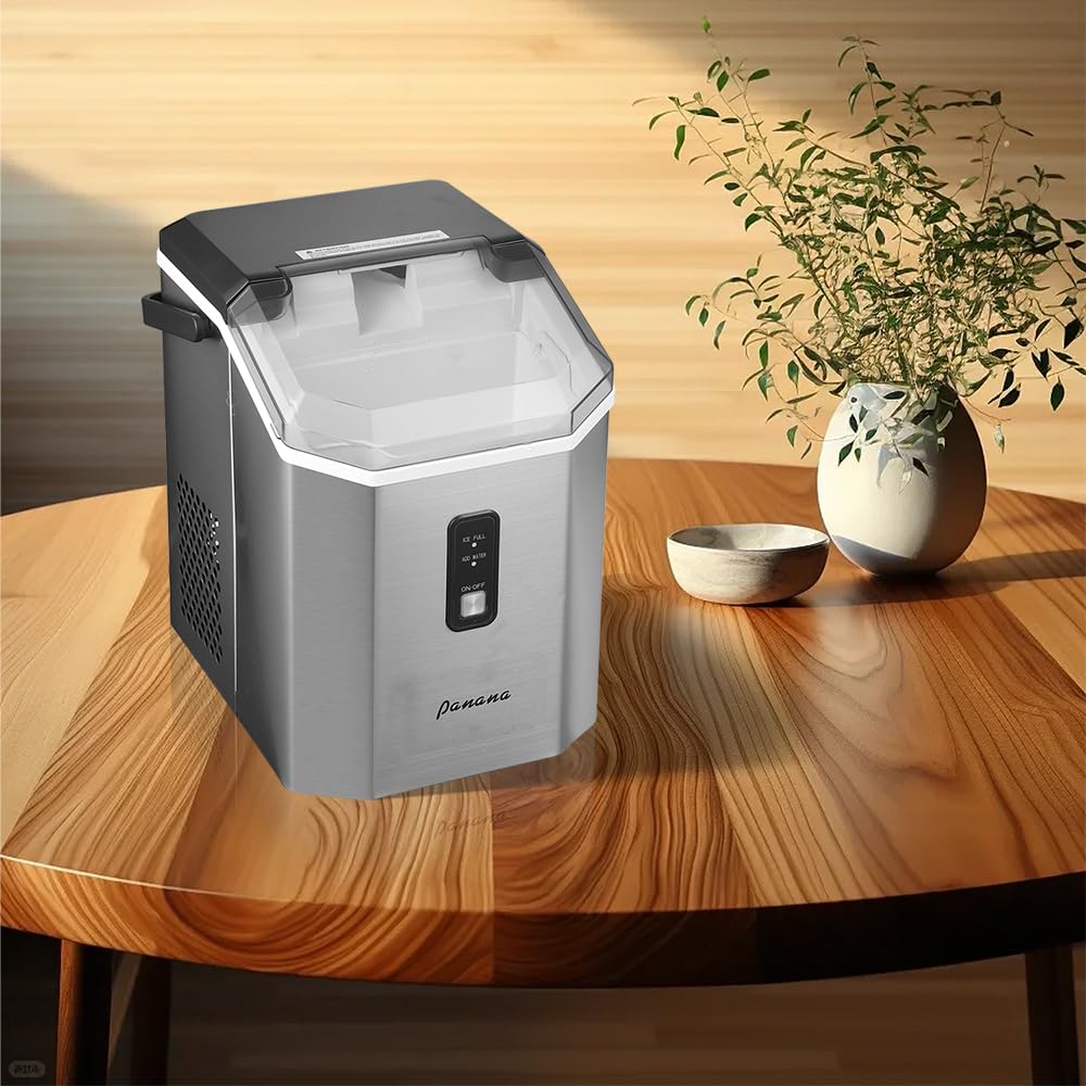 Panana Countertop Nugget Ice Maker Machine - Portable Automatic Square Ice Cube Maker for Home, Office & Parties - Soft Chewable Ice with Handle & Scoop Basket (Silver) | Perfect for Cocktails, Sodas & Beverages