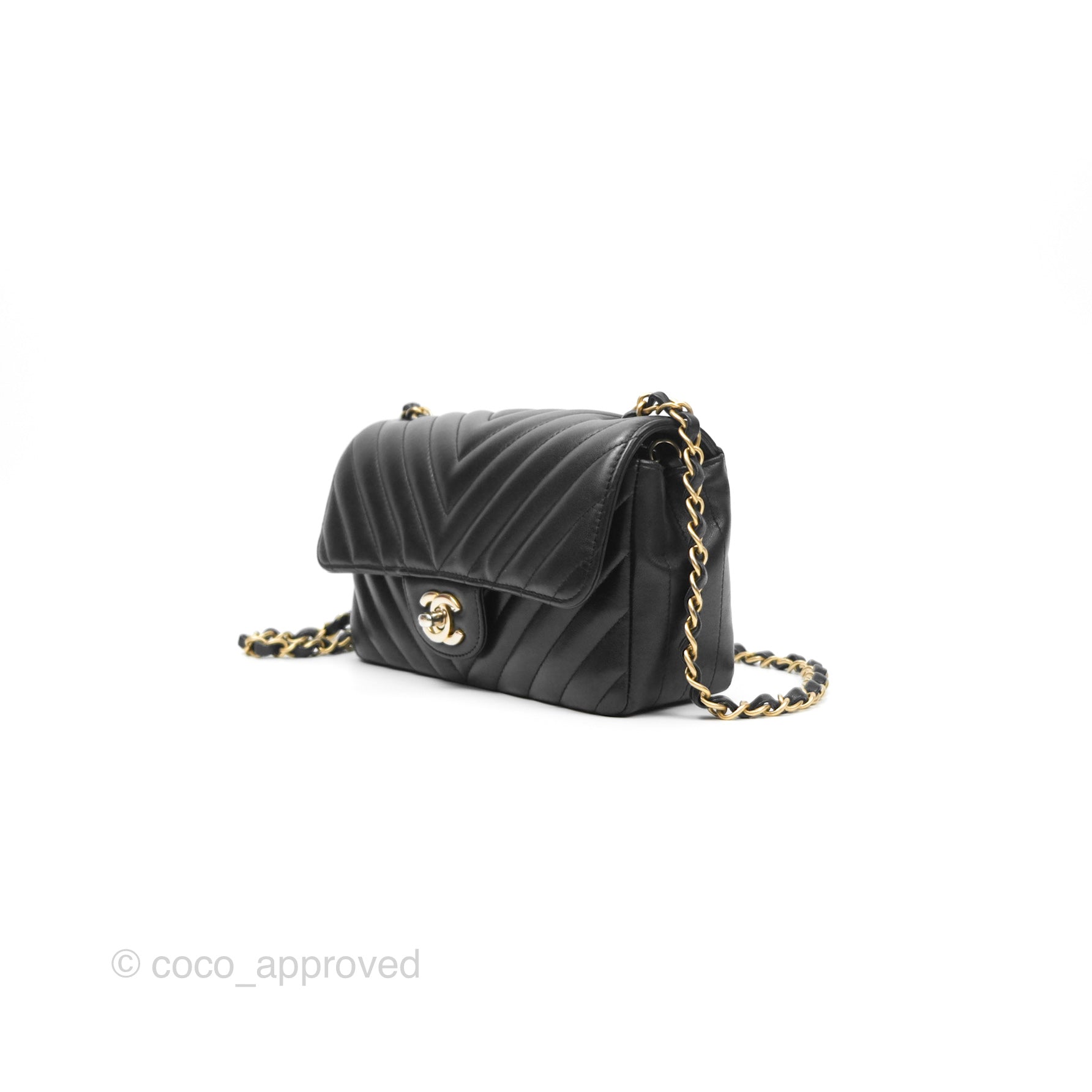 Chanel Chevron Mini Rectangular Bag - Black Lambskin Leather with Aged Gold Hardware | Luxury Crossbody Purse for Women, Perfect for Evening Events & Date Nights