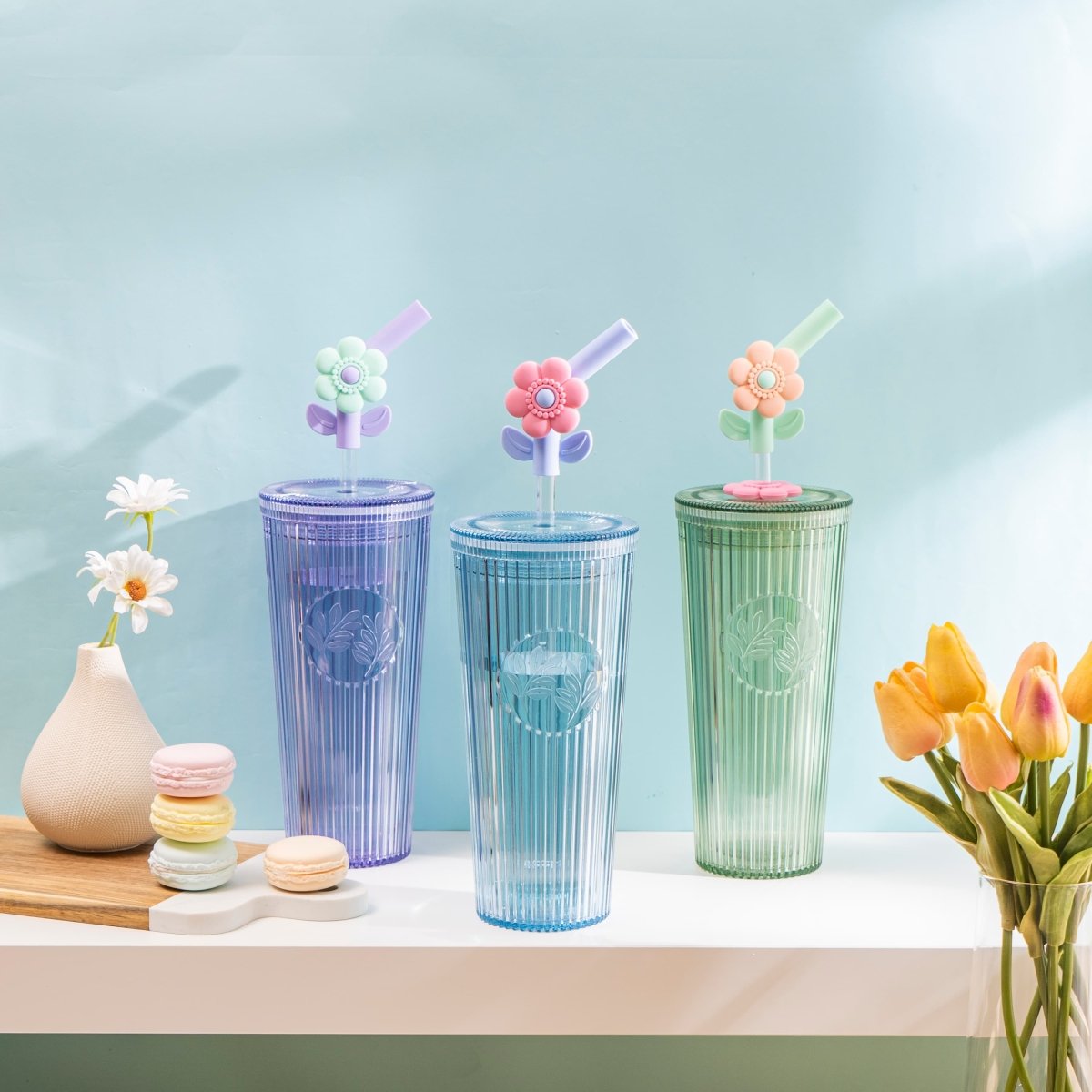 26oz Insulated Tumbler with Straw & Leak-Proof Lid - Cute Floral Silicone Straw Tips in Botanica Green - Perfect for Iced Coffee, Smoothies & Outdoor Activities
