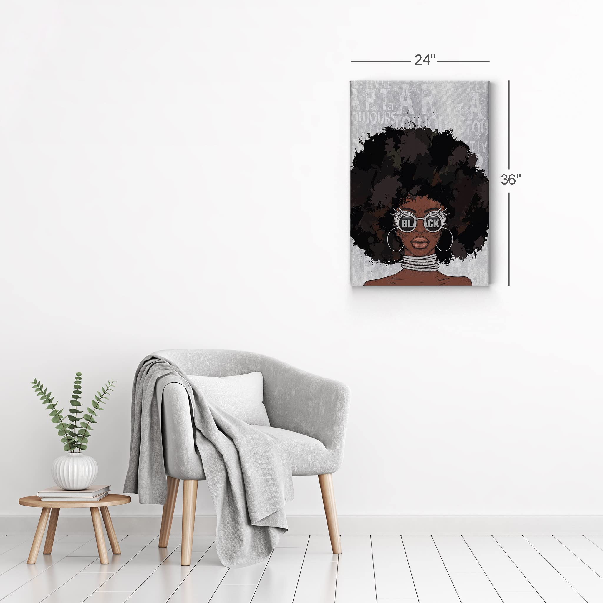 Afro Woman Canvas Wall Art Print - African American Girl Pop Art with Gray Graffiti & Black Sunglasses - 12x8 Inches Ready to Hang - Perfect for Vanity Room, Living Room, Bedroom & Bathroom Decor
