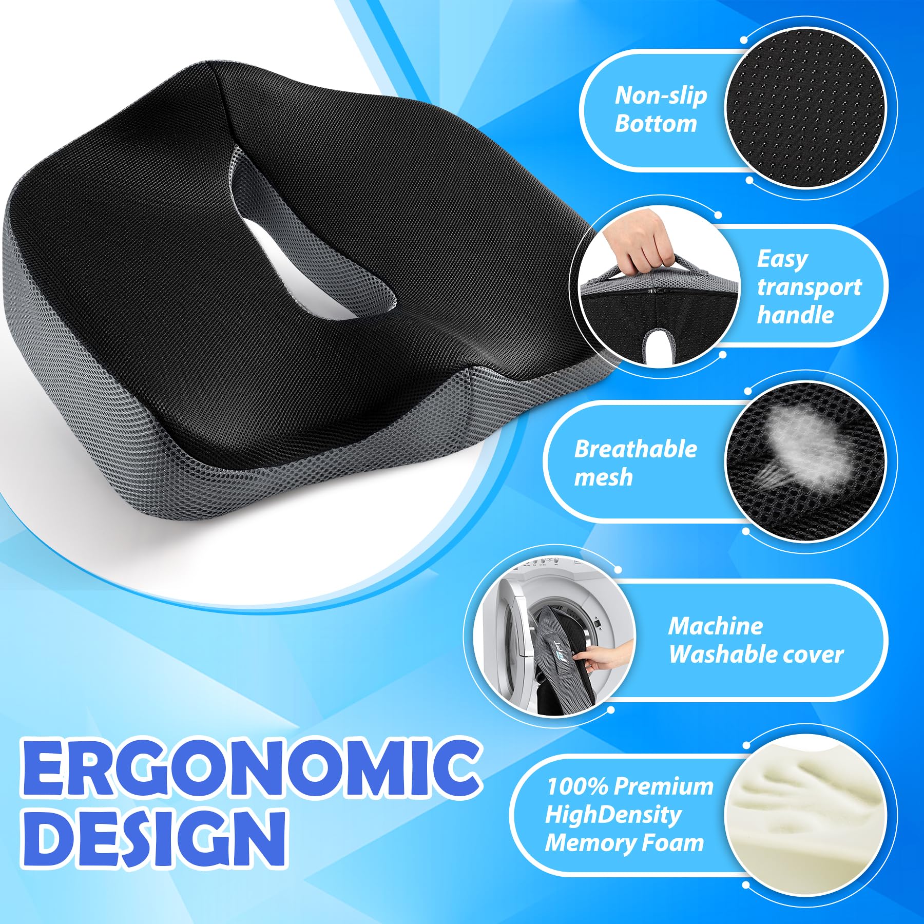 POOTACK Memory Foam Coccyx Seat Cushion - Ergonomic Orthopedic Pillow for Sciatica, Hemorrhoid & Tailbone Pain Relief - Comfort Support for Office Chair, Wheelchair, Car Seat & Recliner - Perfect for Work, Driving & Long Sitting Sessions