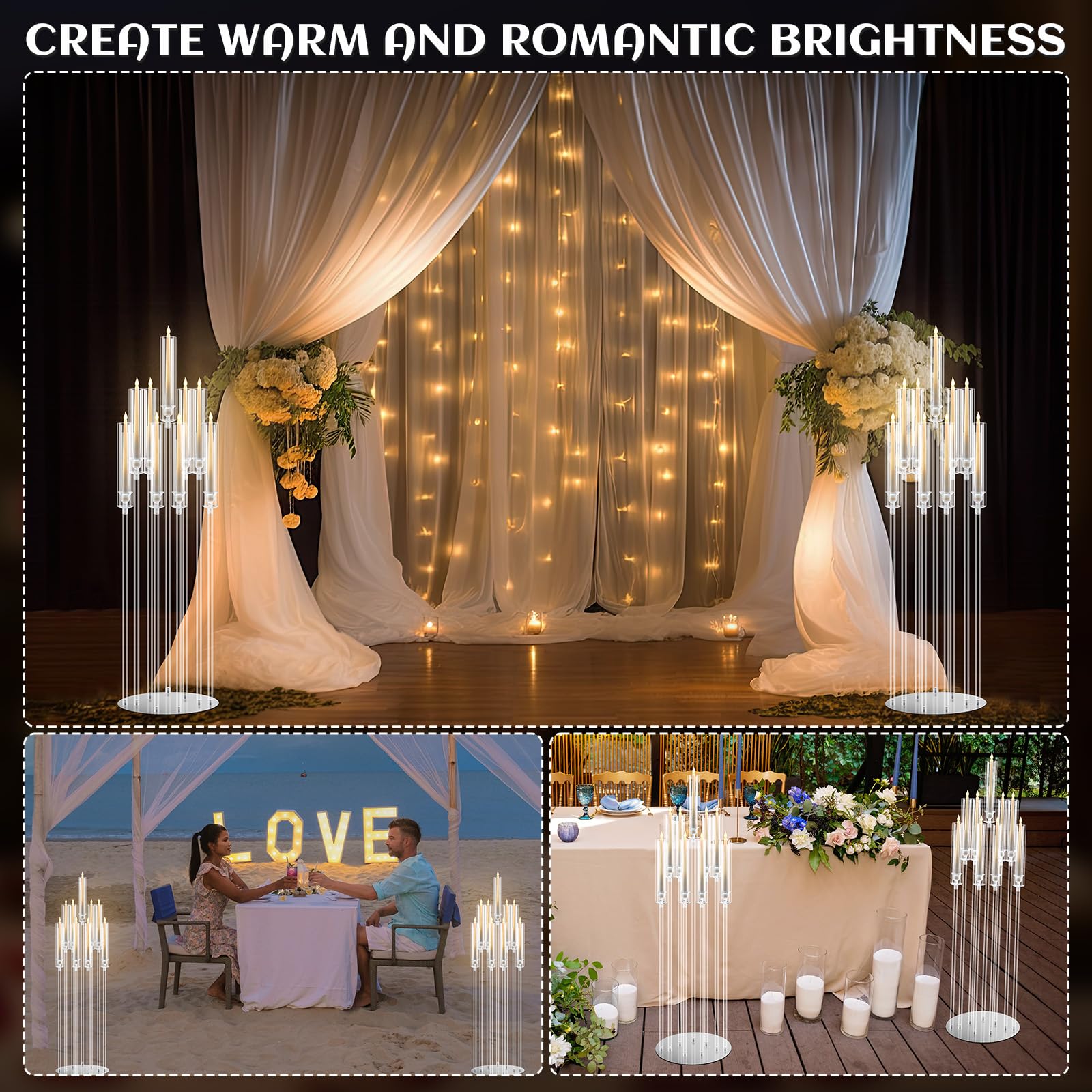 Tessco 4-Piece 9-Arm 42.5-Inch Clear Acrylic Candelabra Set - Elegant Table & Floor Centerpiece with Removable Lampshade - Perfect for Weddings, Parties & Home Decor - Fits 0.8 LED Candles
