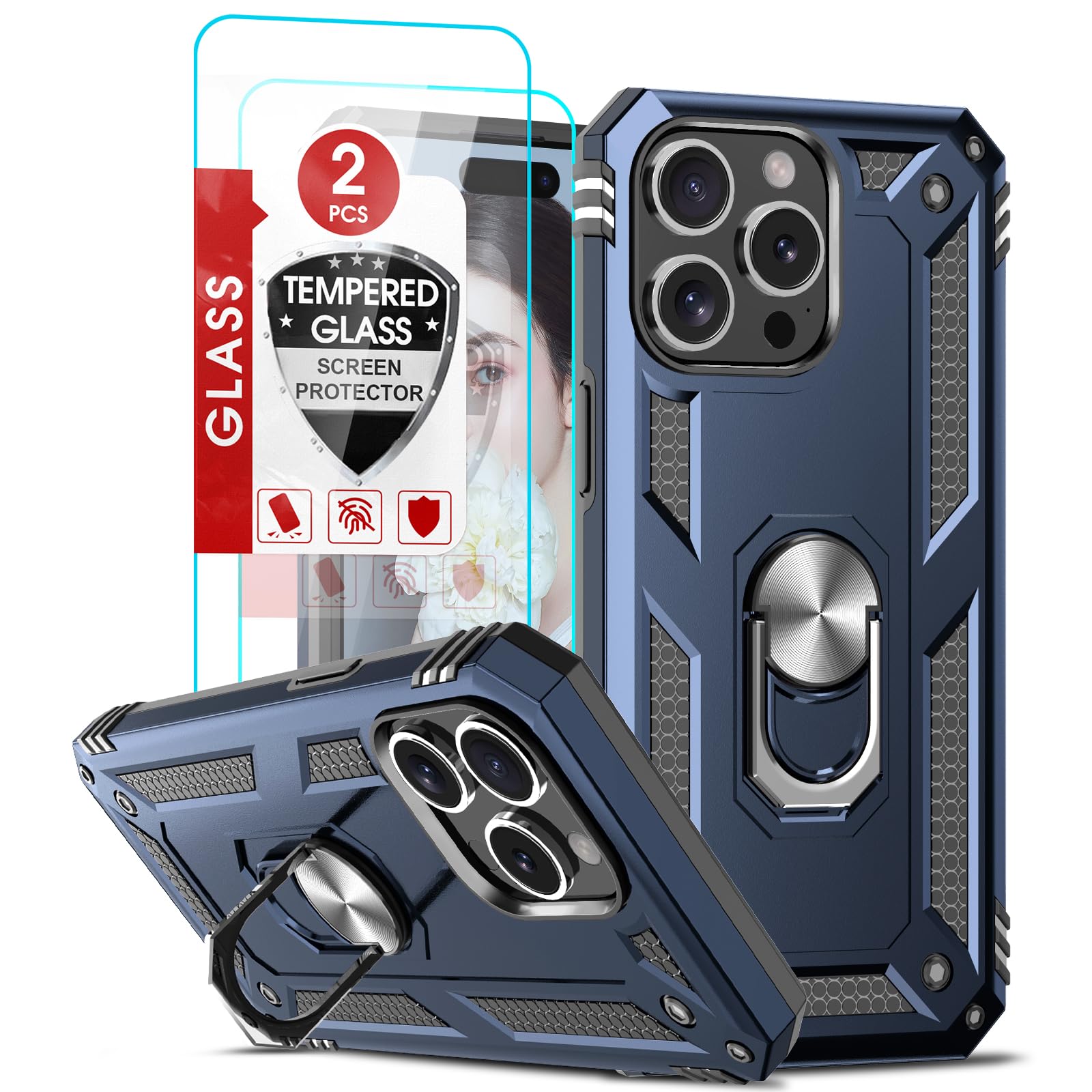 LeYi iPhone 15 Pro Max Case (6.7 inch) with 2 Pack Tempered Glass Screen Protector - Military Grade Shockproof Phone Cover with Kickstand & Magnetic Ring - Perfect for Work, Travel & Outdoor Activities - Blue