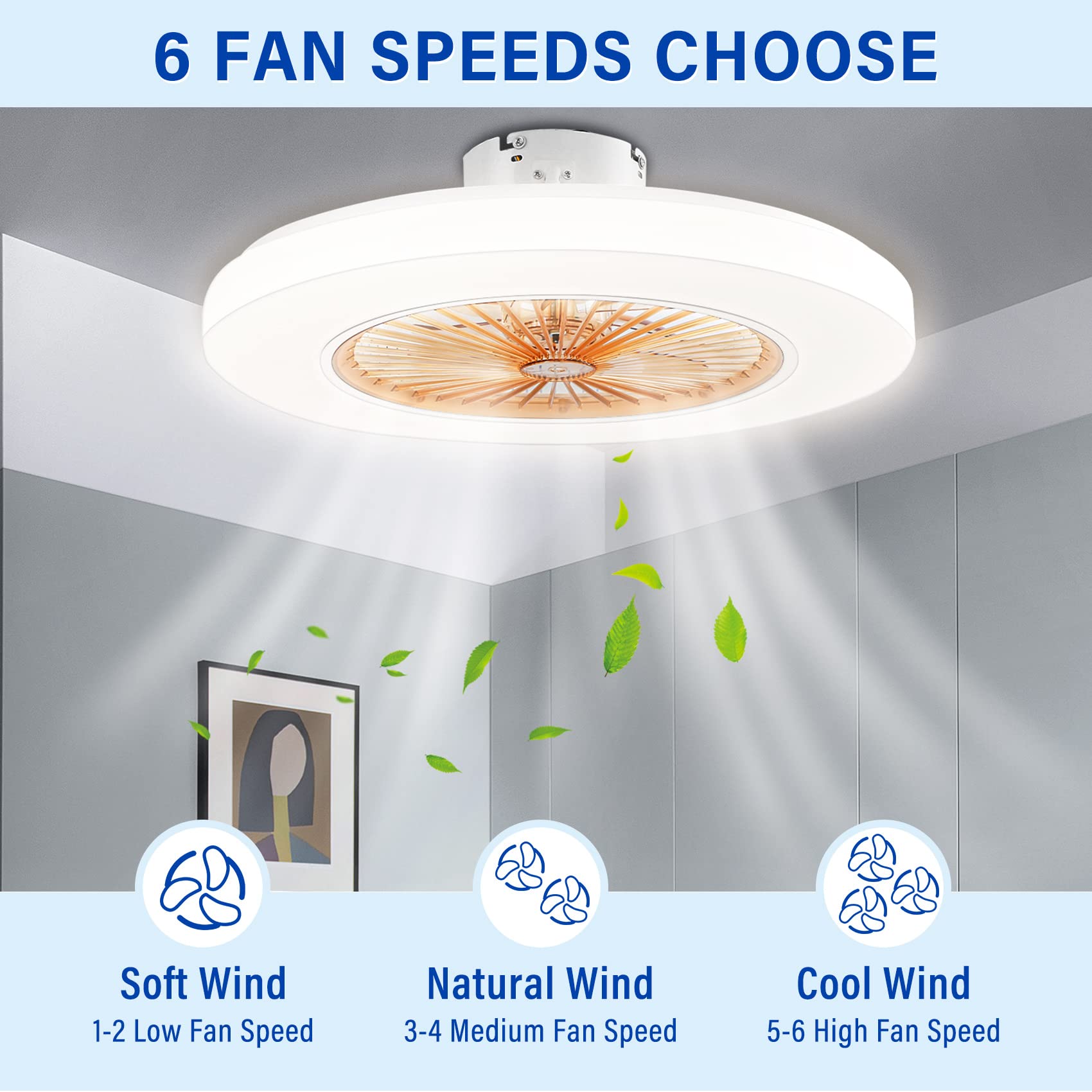 TCFUNDY 22 Inch Low Profile Ceiling Fan with LED Light & Remote Control - 3 Color Temperatures, 6 Speed Reversible Blades - Perfect for Living Room, Bedroom, Kitchen & Office Spaces
