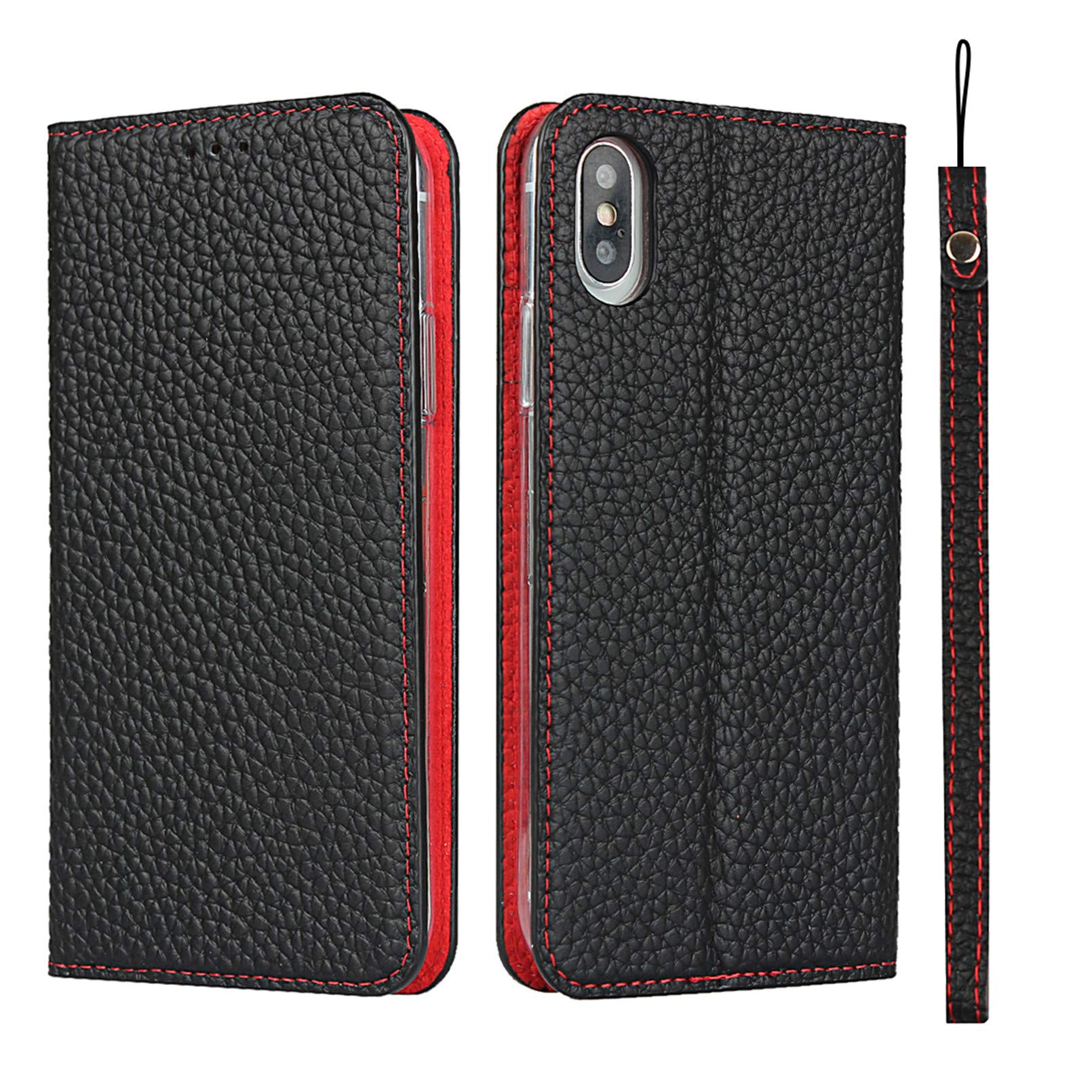 Premium RFID Blocking Leather Wallet Case for iPhone Xs Max - Magnetic Flip Cover with Card Slots, Shockproof TPU & Stand - Genuine Leather with Lanyard (Black) | Perfect for Travel, Work & Everyday Protection