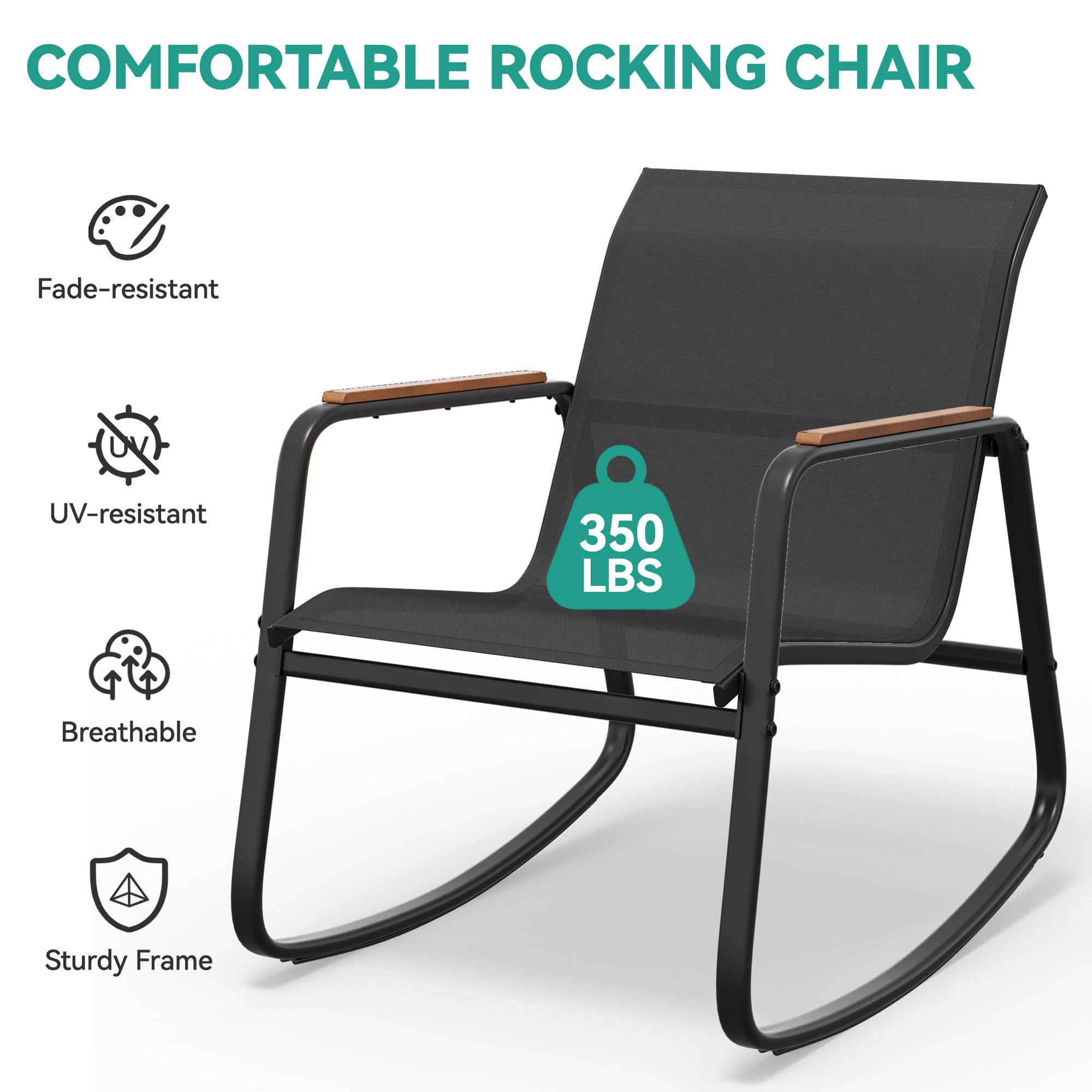 YITAHOME 3-Piece Outdoor Rocking Bistro Set with Wooden Armrests & Glass Table - Patio Furniture for Lawn, Garden, Balcony, Poolside - Dark Gray | Perfect for Relaxing, Entertaining & Enjoying Outdoor Spaces