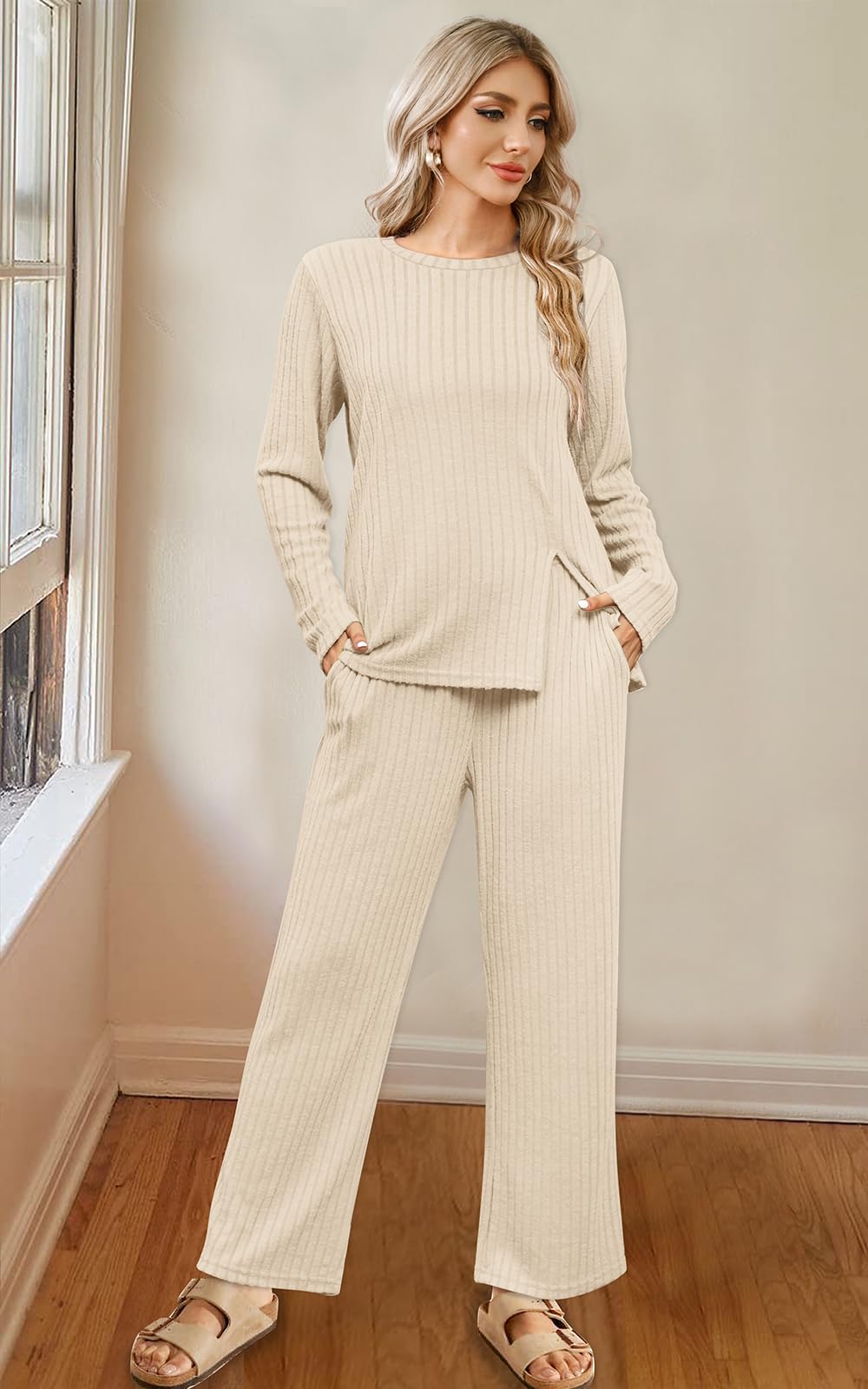 WIHOLL Women's Two Piece Lounge Set - Cozy Sweater & Pants Loungewear with Pockets | Soft Casual Outfit for Home, Travel & Relaxation
