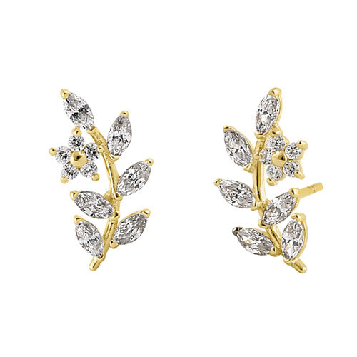 14K Solid Yellow Gold Leaf Stud Earrings with Cubic Zirconia - Elegant & Trendy Jewelry for Women, Perfect for Parties, Weddings & Everyday Wear