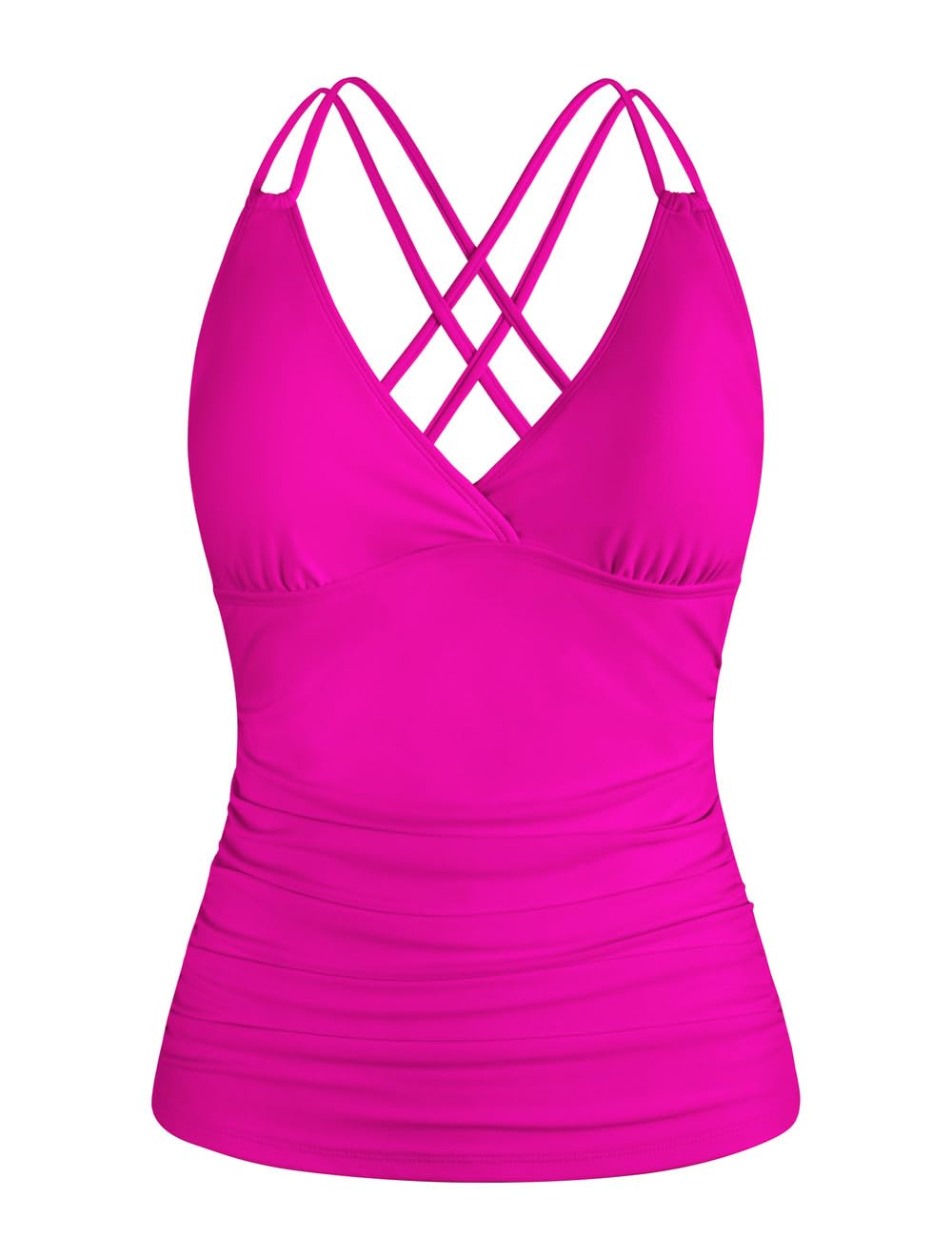 Hilor Women's Underwire Tankini Top - Ruched Tummy Control Swimwear, V Neck Cross Back Bikini Top for Swimming, Beach & Vacation