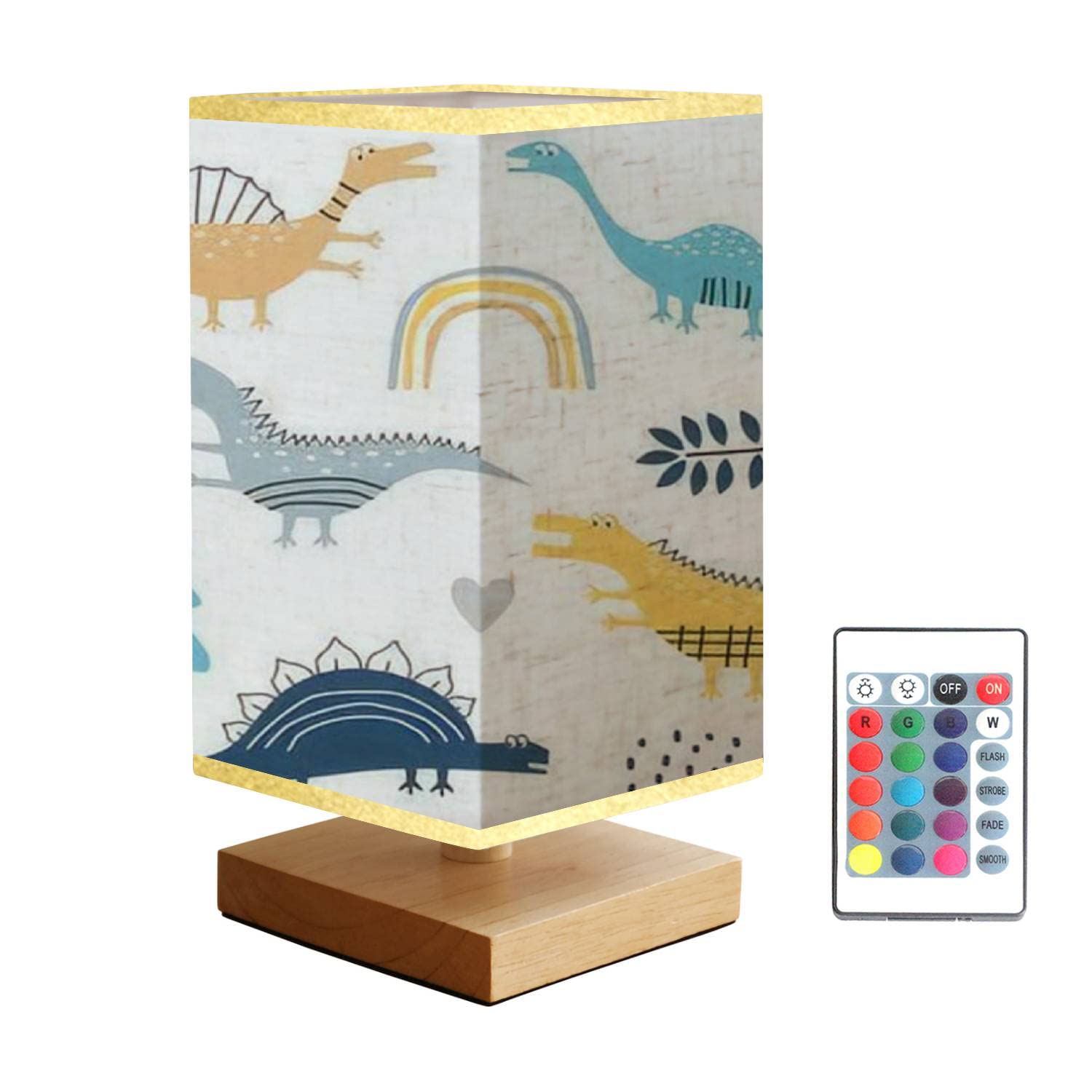 Dimmable Square Bedside Table Lamp with Wooden Dinosaur Base & Flaxen Fabric Shade - Scandinavian Design Nightstand Lamp for Bedroom, Living Room, Office | Perfect Reading Light & Cozy Atmosphere Creator