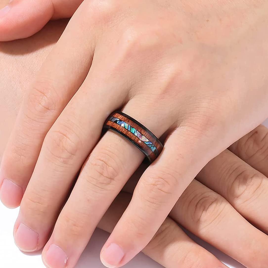 Premium Tungsten Wedding Bands for Men - Wood Inlay with Abalone Shell & Koa, Dome Style Comfort Fit Rings Size 6-14 - Ideal for Engagement, Promise & Anniversary Gifts (Perfect for Outdoor Weddings & Daily Wear)