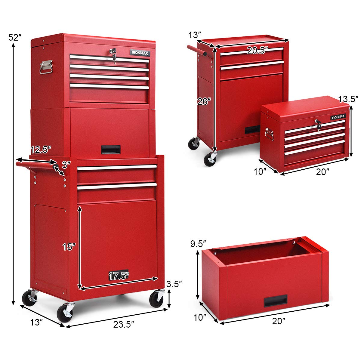 Goplus 6-Drawer Rolling Tool Chest with Auto Locking System - 3-in-1 Tool Organizer with Lockable Wheels, Sliding Drawers & Detachable Top - Heavy Duty Tool Storage Cabinet for Garage, Workshop & DIY Projects (Red) - Perfect for Mechanics, Carpenters & Home Improvement