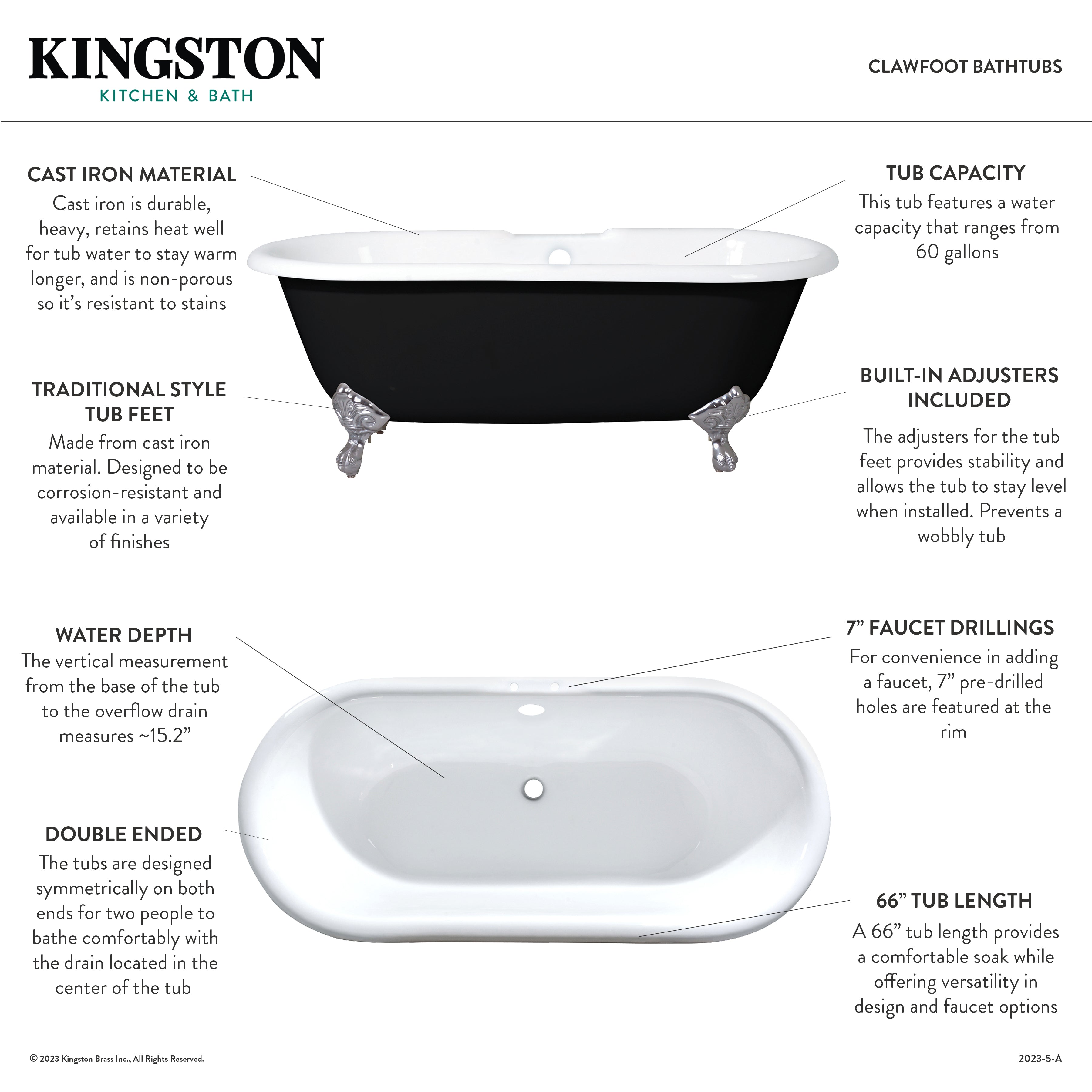 Aqua Eden 66 Inch Cast Iron Clawfoot Bathtub - Oval Double Ended Freestanding Tub with 7 Inch Faucet Holes (Black/White/Oil Rubbed Bronze) | Vintage Bathroom Centerpiece for Luxury Homes & Spa Retreats