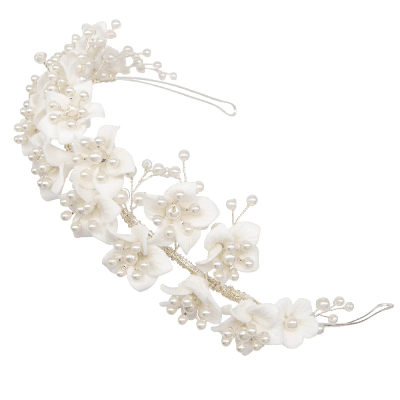 Elegant Silver Floral Wedding Headband with Pearls - Bridal Hair Accessory for Bridesmaids, Flower Girls & Special Occasions (Style 7839)