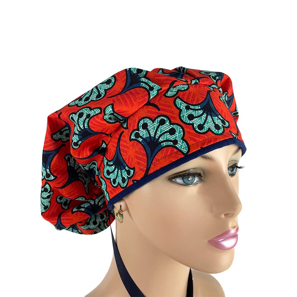 Black History Month Orange Floral Bouffant Medical Scrub Cap with Sweatband - Unisex Surgical Hat for Doctors & Nurses - Ponytail-Friendly Design for Healthcare Professionals - Perfect for Hospitals, Clinics & Medical Offices