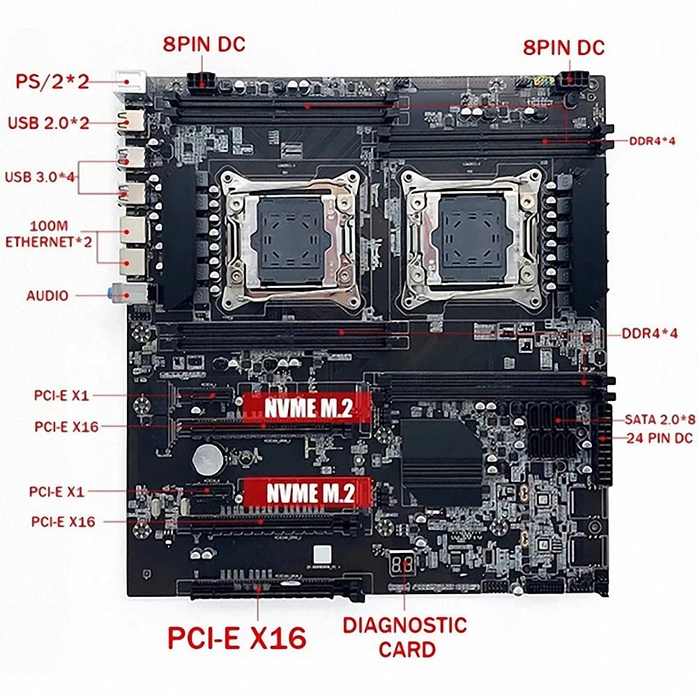 XIDIT 1 Pack X99 Dual-Socket Server Motherboard - LGA2011-3, 8x DDR4 ECC RAM Slots, PCIe x16, SATA 3.0 - Supports Intel Xeon E5 V3/V4 CPUs - Ideal for Data Centers, Workstations & High-Performance Computing