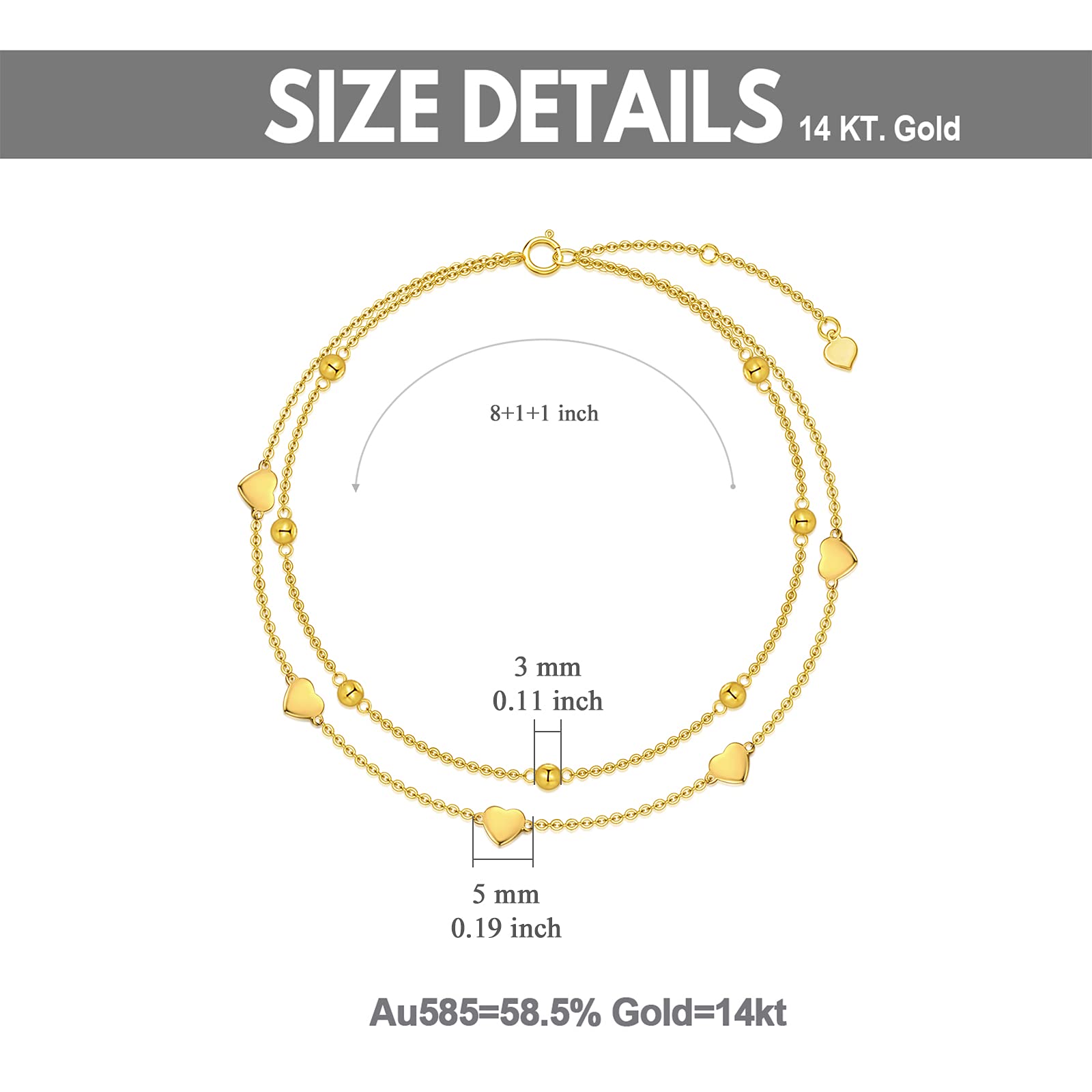 14K Solid Gold Heart Anklet for Women - Real Gold Bead Station Anklet Bracelet - 8''+2'' Adjustable Layered Anklets - Fine Jewelry Gift for Her, Wife, Mom, Girlfriend - Perfect for Anniversary, Birthday, Valentine's Day - Elegant Everyday Wear & Special Occasions