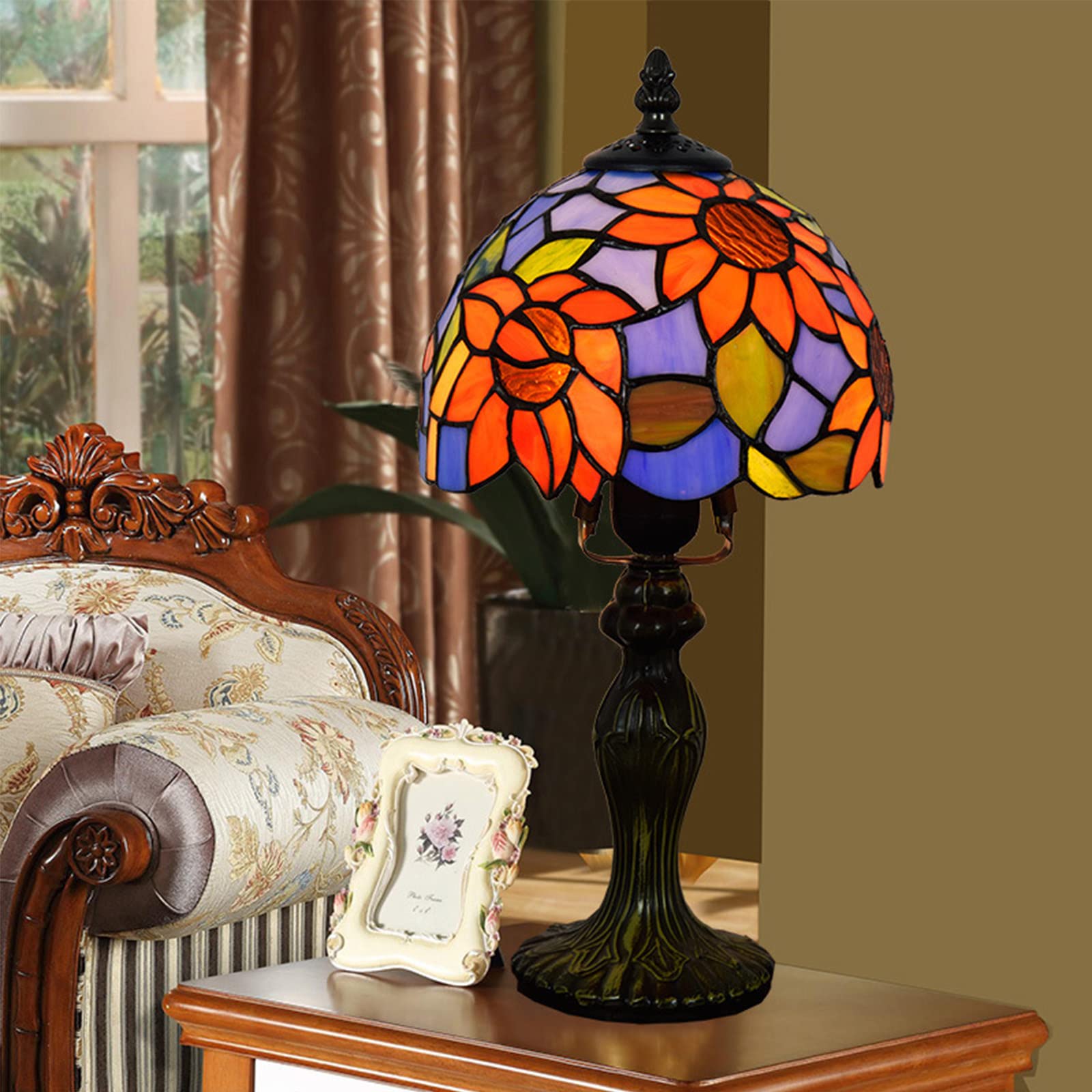 Vintage Tiffany Sunflower Table Lamp - 8 Inch Warm Light for Bedroom & Living Room
