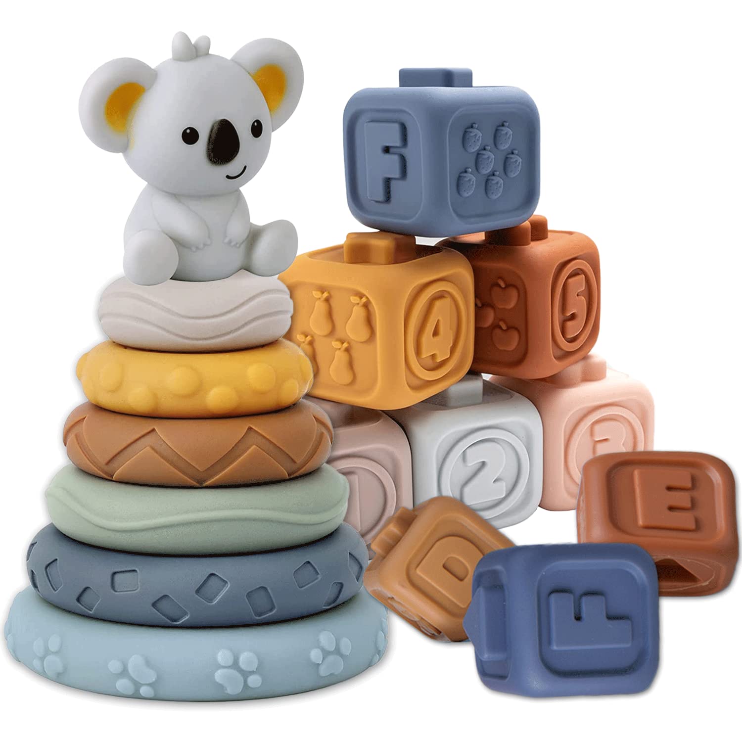 13 Pcs Montessori Sensory Building Blocks & Circles - Early Educational Squeeze Teething Toys with Koala Figure for Babies 6-18 Months | Perfect for Toddler Learning, Playtime & Soothing Teething Pain (Girls & Boys)