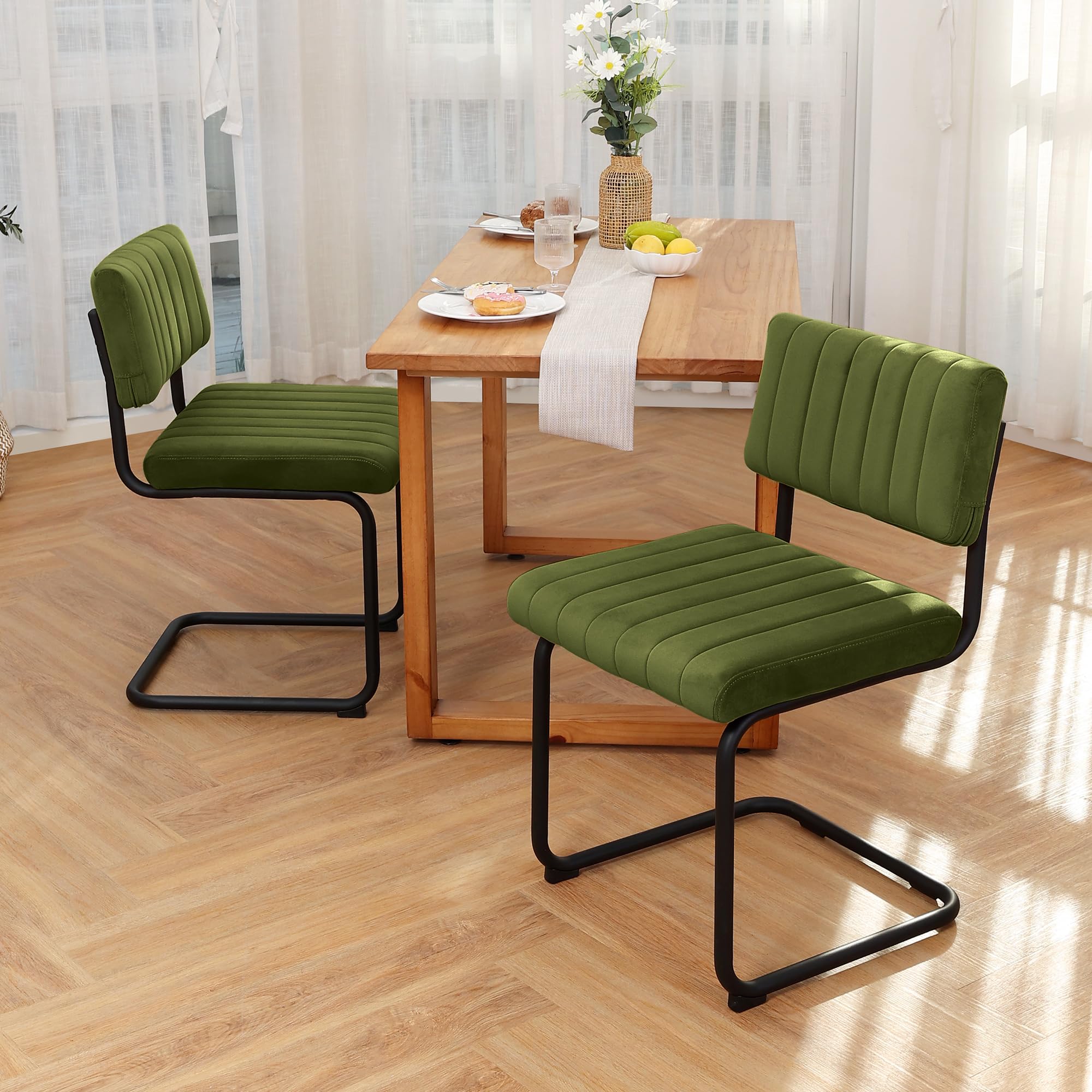 ONEVOG Mid Century Modern Dining Chairs Set of 2 - Green Velvet Upholstered Kitchen Chairs with Tufted Backs, Wide Seat & Metal Legs - Stylish Armless Cantilever Chairs for Dining Room, Kitchen, Living Room & Office