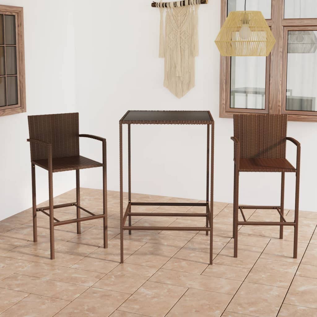 3-Piece Patio Bar Set - Brown Poly Rattan Outdoor Furniture for Garden, Backyard, Porch & Deck - Perfect for BBQs, Poolside Lounging & Outdoor Entertaining