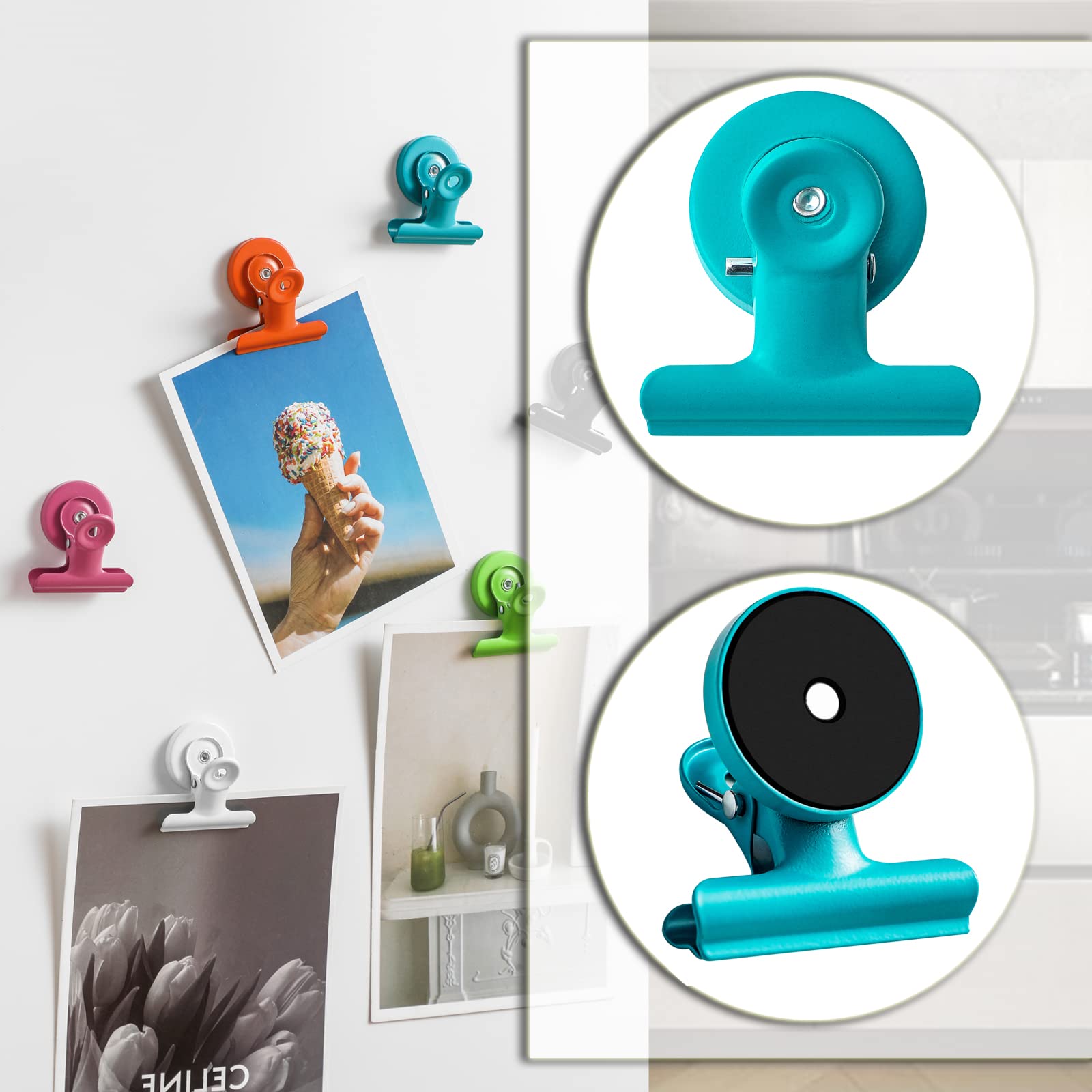8PACK Round Magnetic Clips for Refrigerator, Whiteboard & Wall - Strong Metal Memo Note Holders for Photos, Pictures & Documents - Perfect for Office, Kitchen & Home Organization (Black)