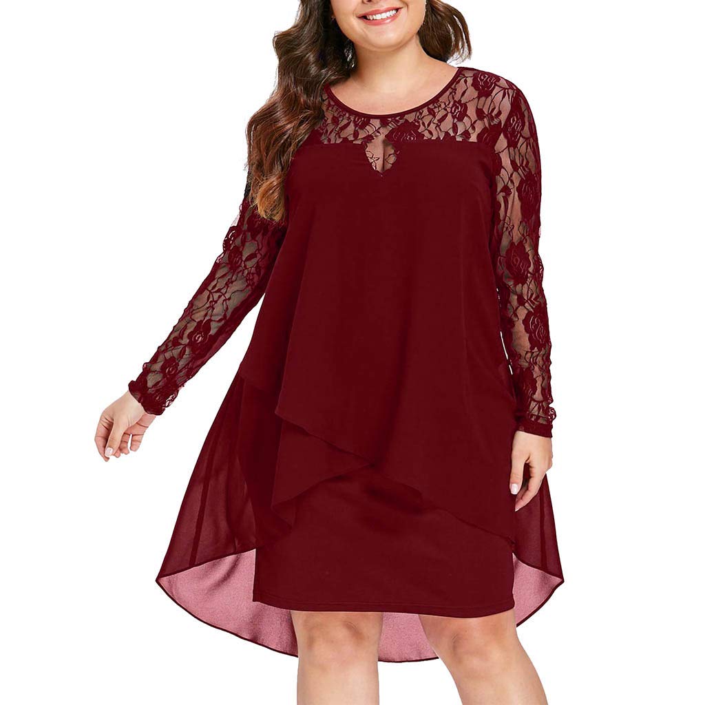 Elegant Plus Size Sheer Lace Sleeve High-Low Hem Swing Dress for Women - Floral Lace Shirt Dress for Wedding Guest, Party, Cocktail & Special Occasions