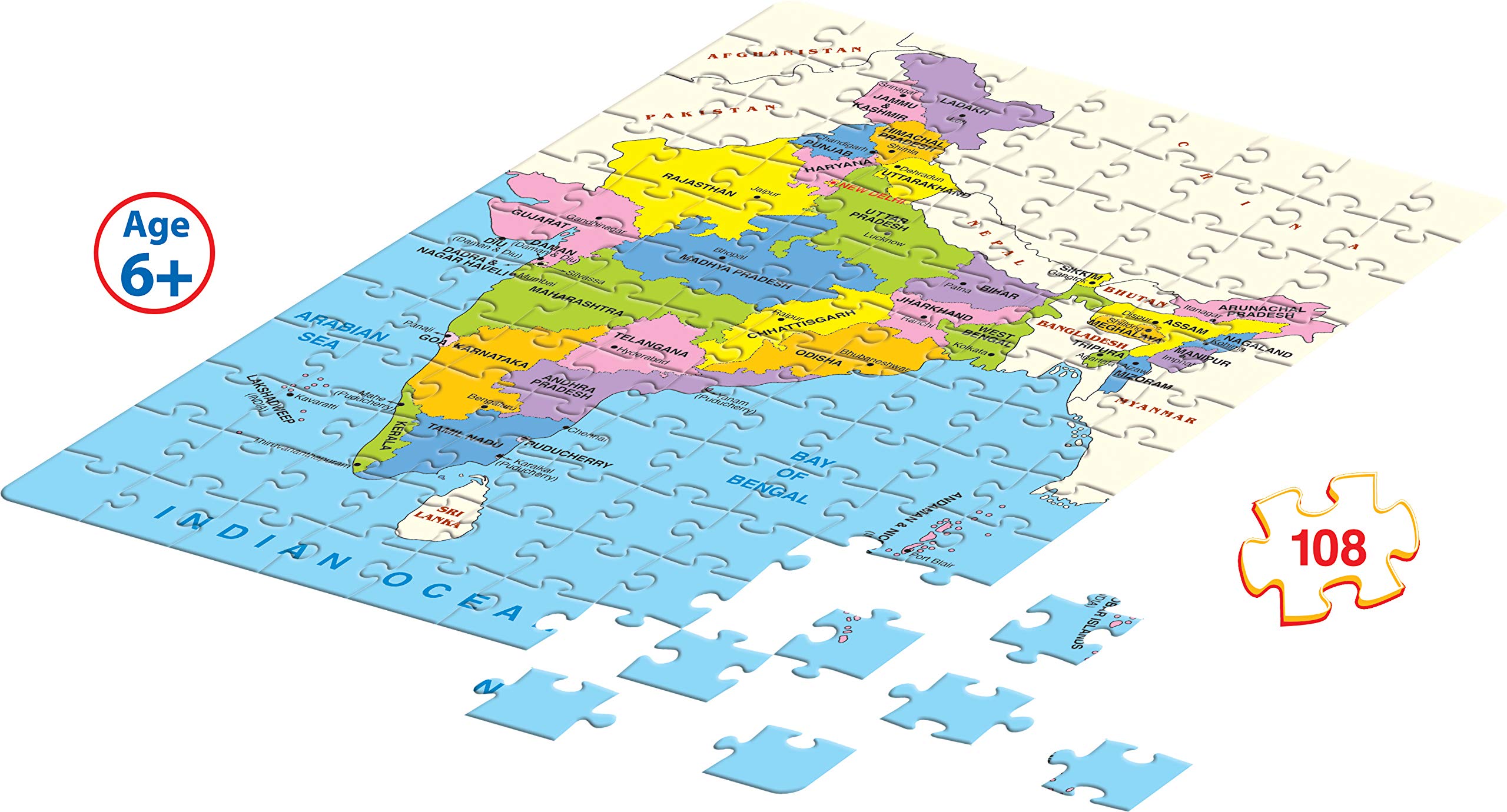 Frank India Map Puzzle for Kids Ages 6+ | 108-Piece Educational Geography Toy with States, Capitals & Union Territories | Brain Booster Memory Game | Perfect Gift for Classroom & Homeschool Learning