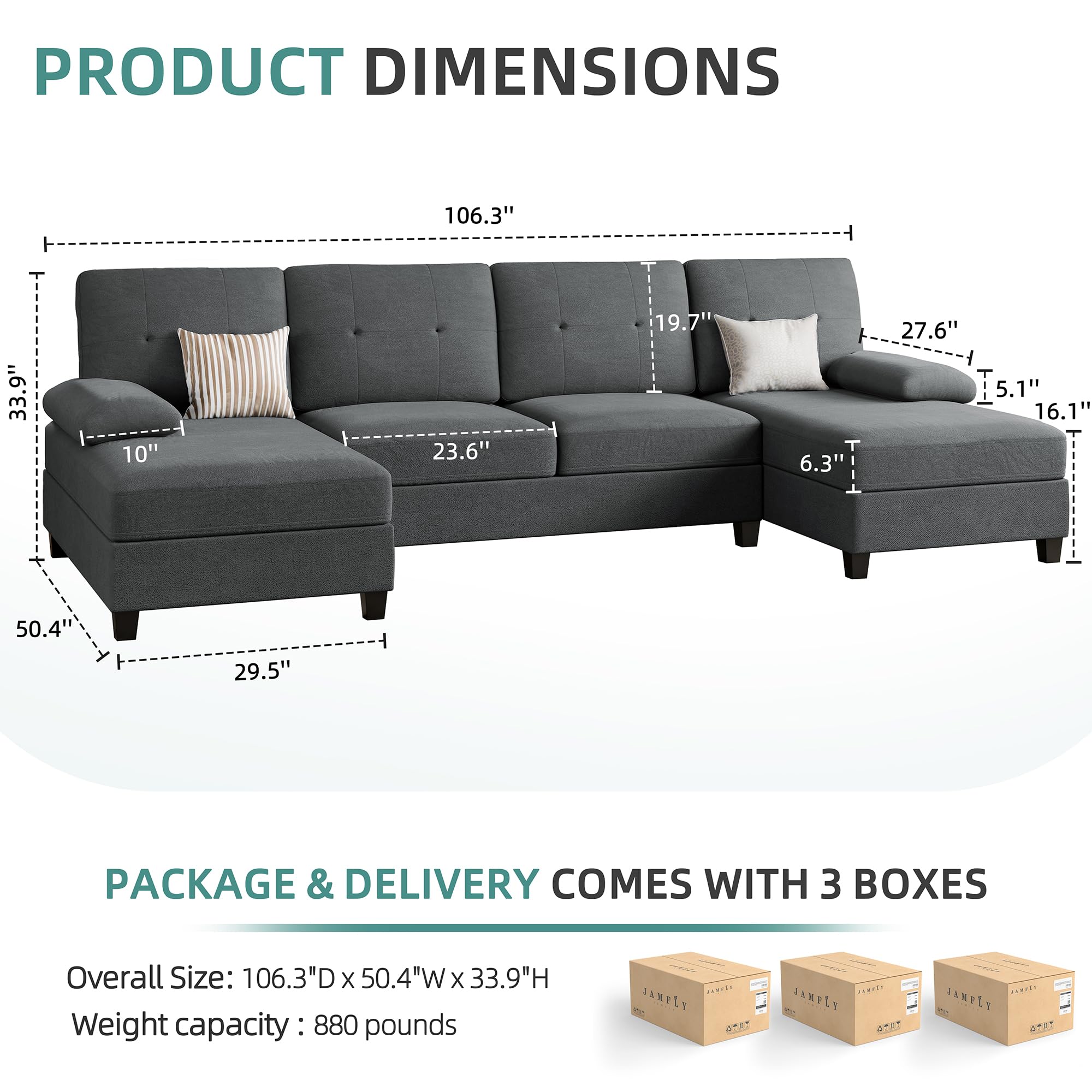 JAMFLY 4-Seat U-Shaped Sectional Sofa with Chaise - Modern Living Room Furniture Set in Black & Grey | Perfect for Small Spaces, Apartments & Family Gatherings