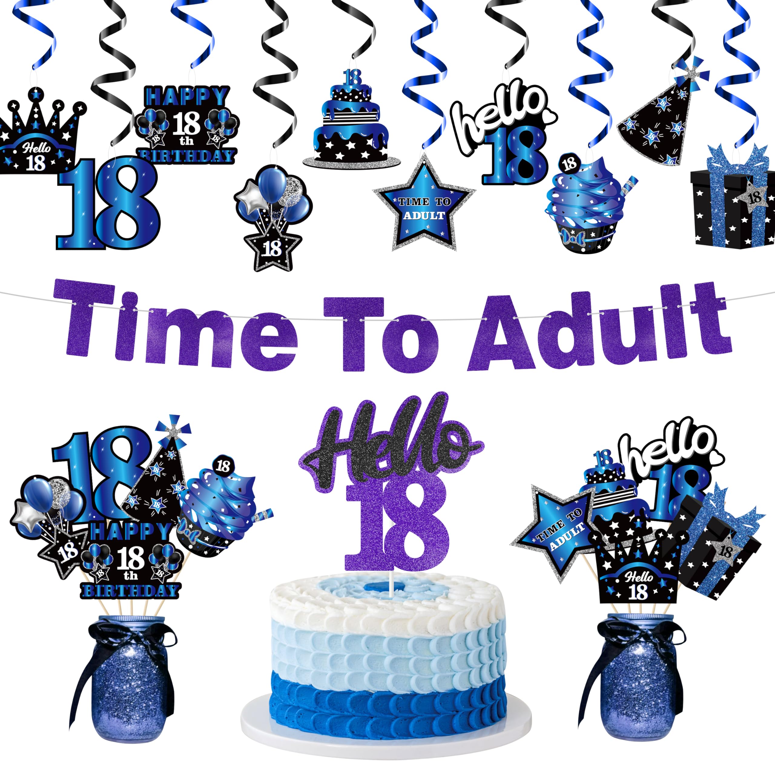 WATINC 42-Piece Blue Black Purple 18th Birthday Party Decorations Set - Hanging Garland Swirls, Cake Toppers & Centerpieces for 18-Year-Old Boys & Girls - Perfect for Birthday Parties, Adult Celebrations & Cake Decorations