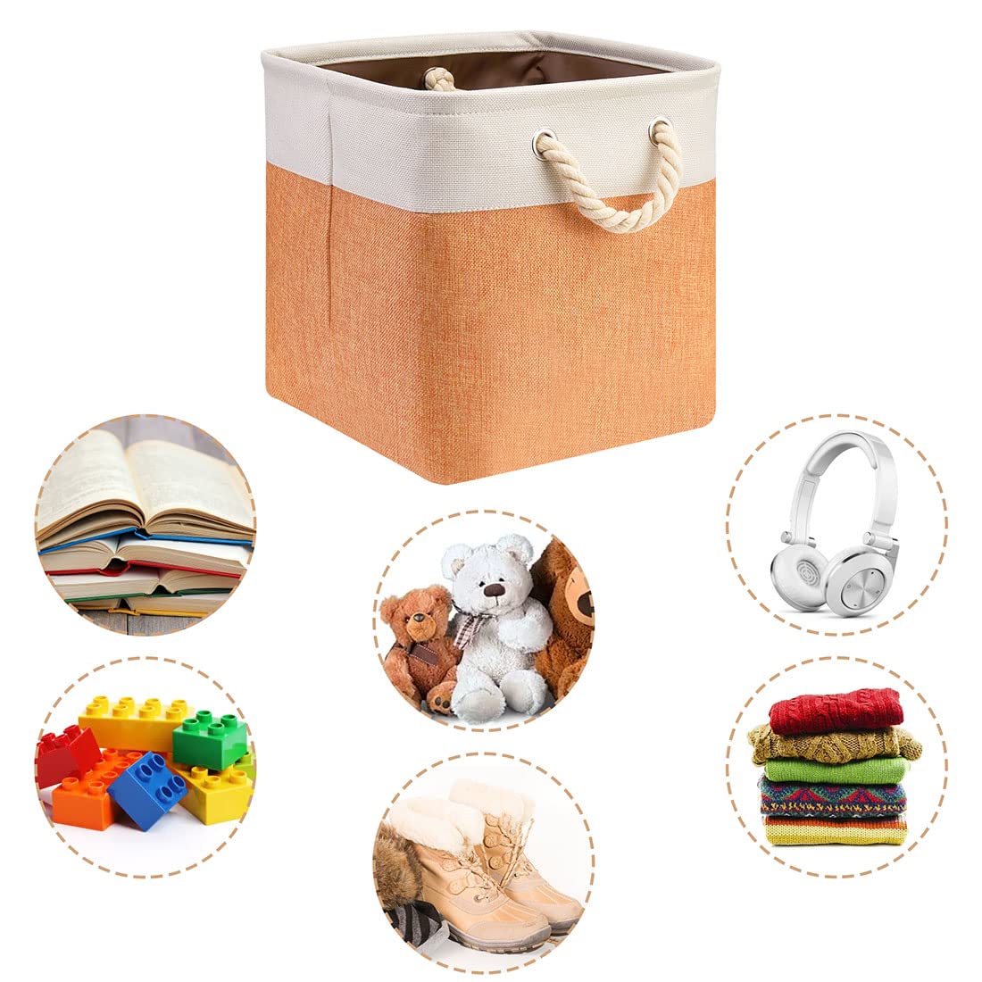 i BKGOO 3-Pack Large Foldable Storage Bins | Collapsible Fabric Organizer Baskets with Cotton Handles | 13×13×13 Inch Beige-Orange | Perfect for Home, Office, Shelf, Clothes & Toys Organization