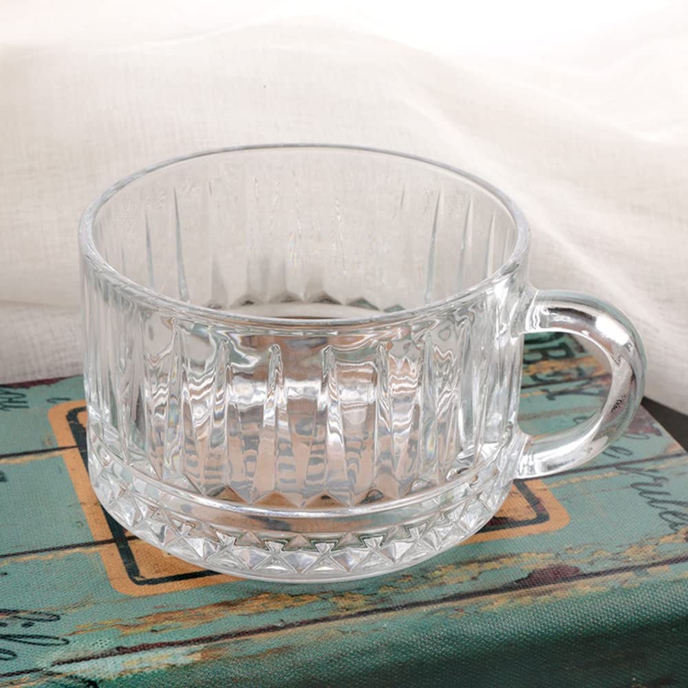 Personalized 14oz Stackable Coffee Mugs with Handle - Clear Vintage Embossed Tea Cups for Latte, Espresso & Hot Beverages - Perfect Gift for Coffee Lovers, Housewarming & Office Use (Diamond Pattern)