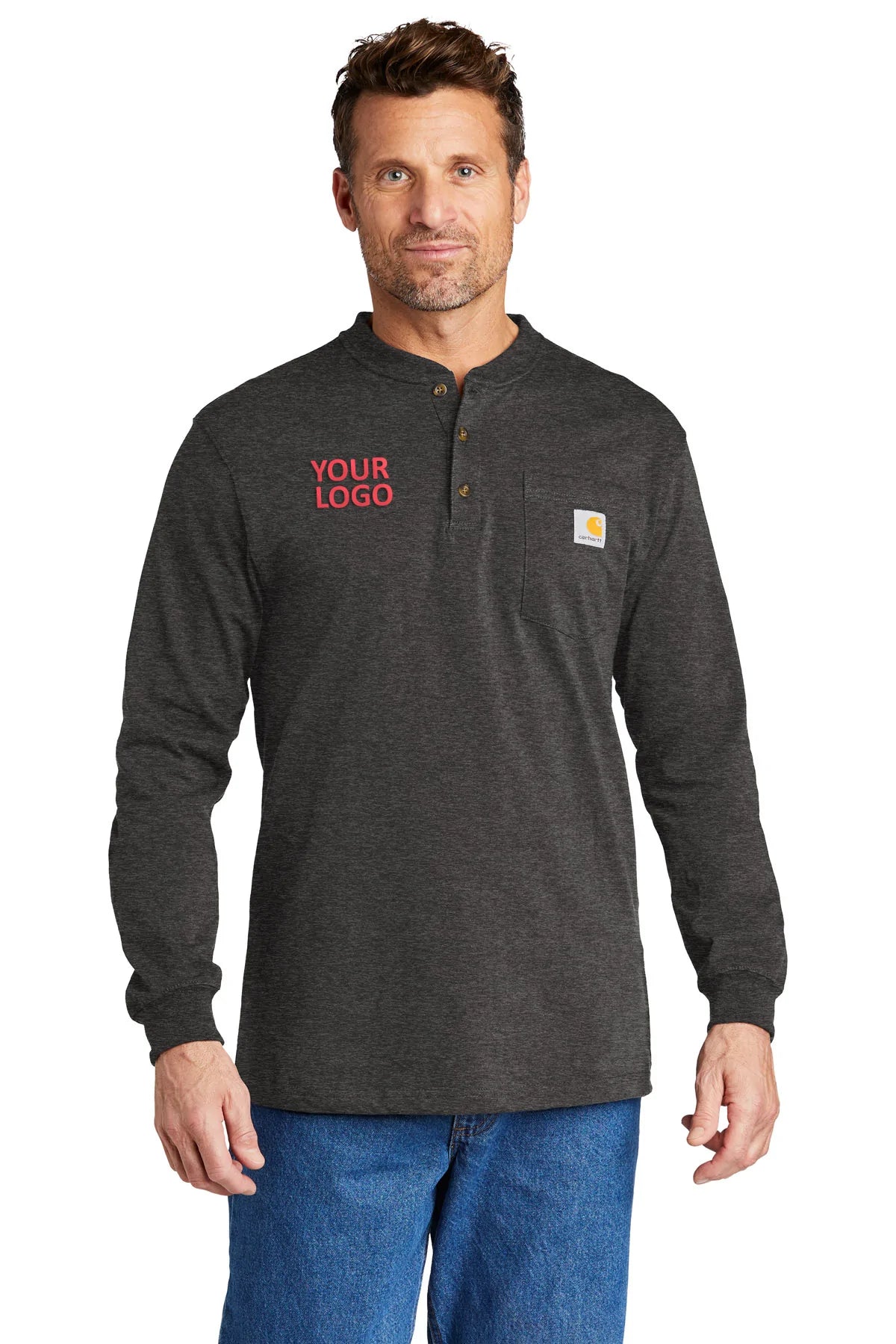 Carhartt Men's Long Sleeve Henley T-Shirt - Carbon Heather Work Shirt for Casual Wear & Outdoor Activities