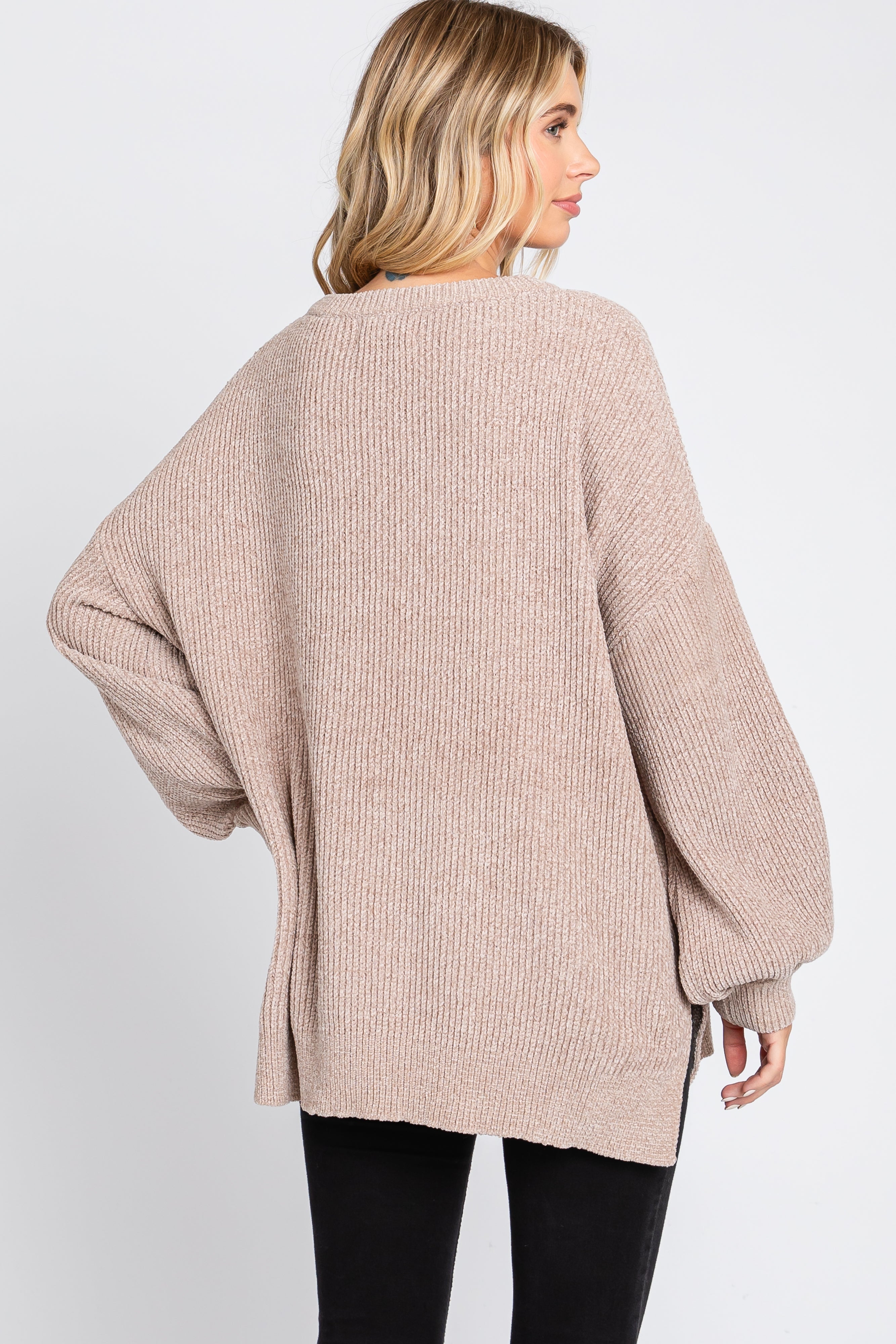Cozy Beige Chenille Knit Balloon Sleeve Sweater for Women - Soft Oversized Pullover for Fall & Winter - Perfect for Casual Outfits, Date Nights and Office Wear