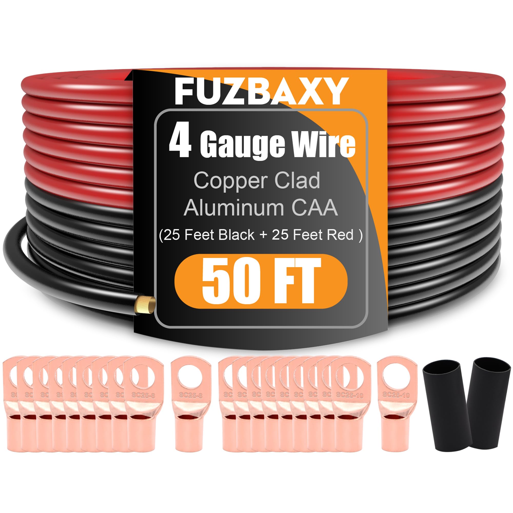 4 Gauge AWG CCA Primary Automotive Wire (25 Feet Black + 25 Feet Red) with 20PCS Lugs Terminal Connectors & Heat Shrink Tubing - Power & Ground Cable for Car Amplifier, Stereo System, RV, Boat & Off-Road Vehicle Electrical Wiring