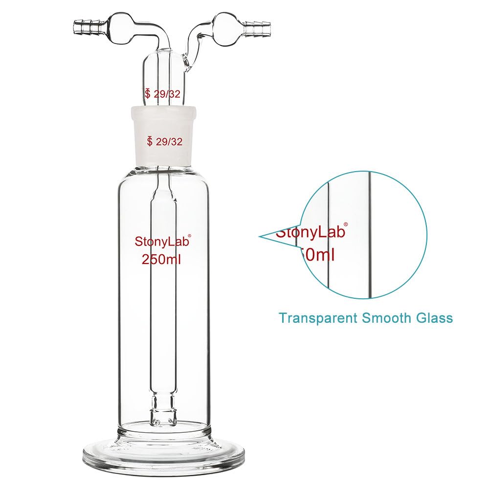 Stonylab Gas Washing Bottle - 250ml Borosilicate Glass with 29/32 Standard Joint & 8mm Serrated Hose - Ideal for Chemistry Labs, Gas Purification & Science Experiments