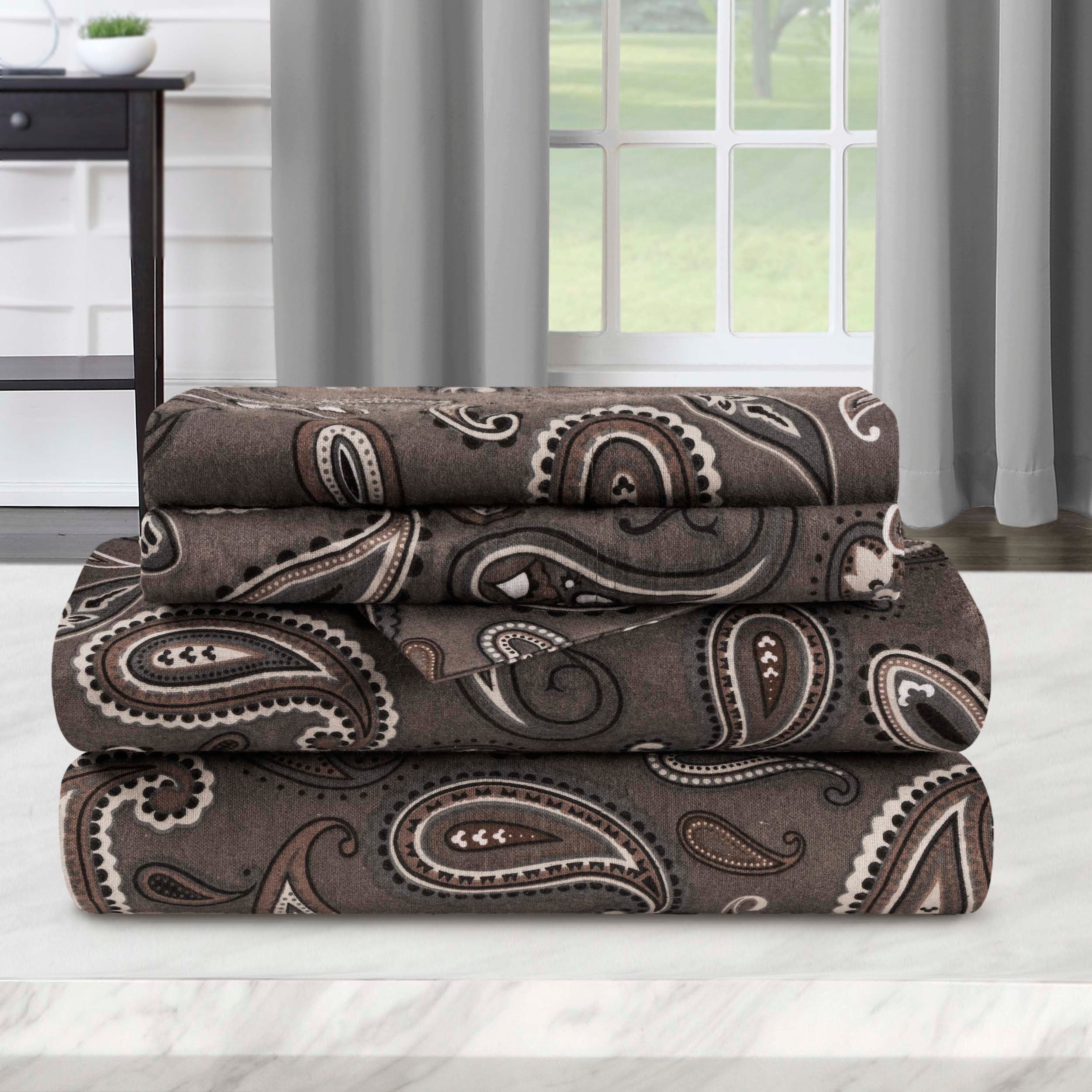 Soft Flannel Cotton Floral Paisley Bed Sheet Set - Queen Size, Deep Pocket Fitted Sheet, Flat Sheet & Pillowcases - Cozy Winter Bedding for Cold Nights (Use in Bedrooms, Guest Rooms, Dorms, RVs)