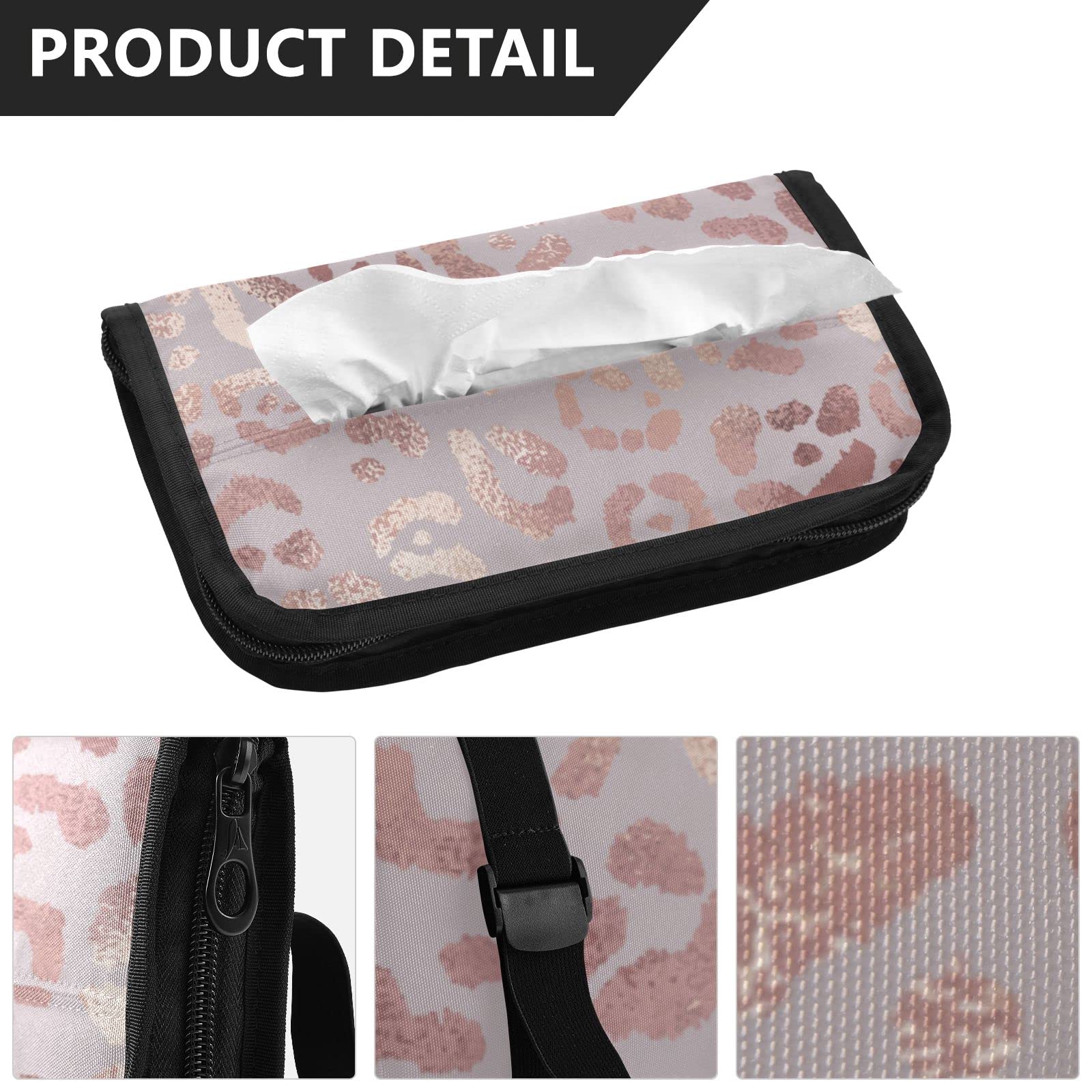 Rose Gold Leopard Print Car Tissue Holder - Adjustable Sun Visor Napkin Dispenser with Zipper for Front Seat & Backseat | Car Accessories for Travel, Commuting & Road Trips