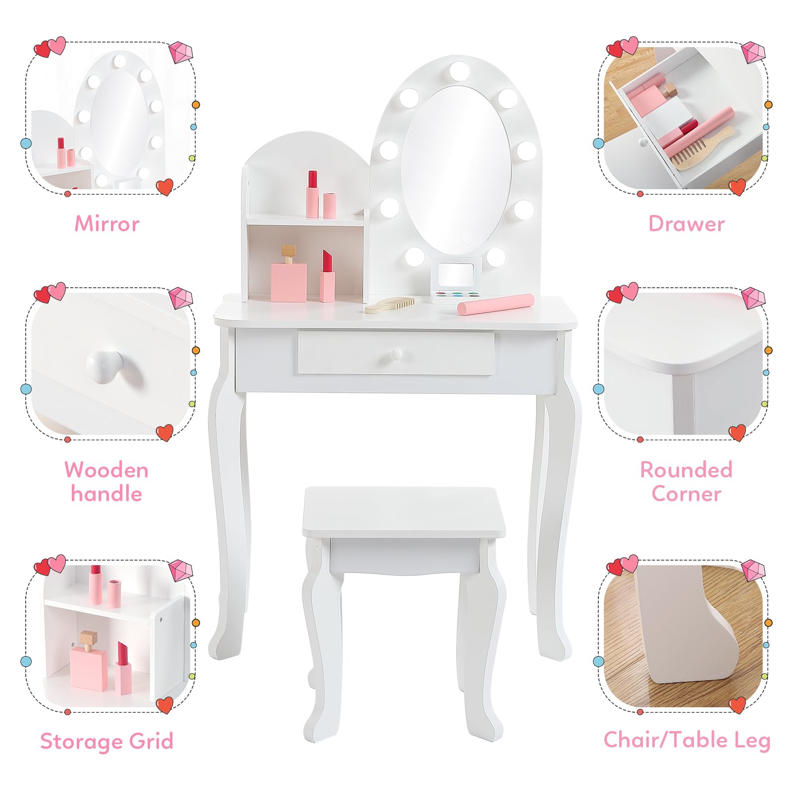 White Wooden Princess Vanity Set with Light & Mirror - Kids Makeup Dressing Table with Stool, Drawer & Pretend Play Cosmetics | Perfect for Toddler Pretend Play, Birthday Gifts & Bedroom Decor (Batteries Not Included)