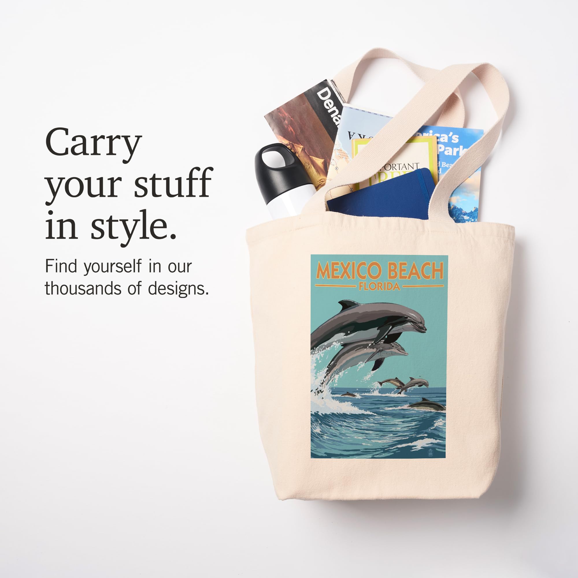 Lantern Press Mexico Beach Florida Dolphins Jumping - 100% Cotton Canvas Reusable Tote Bag for Shopping, Beach & Groceries