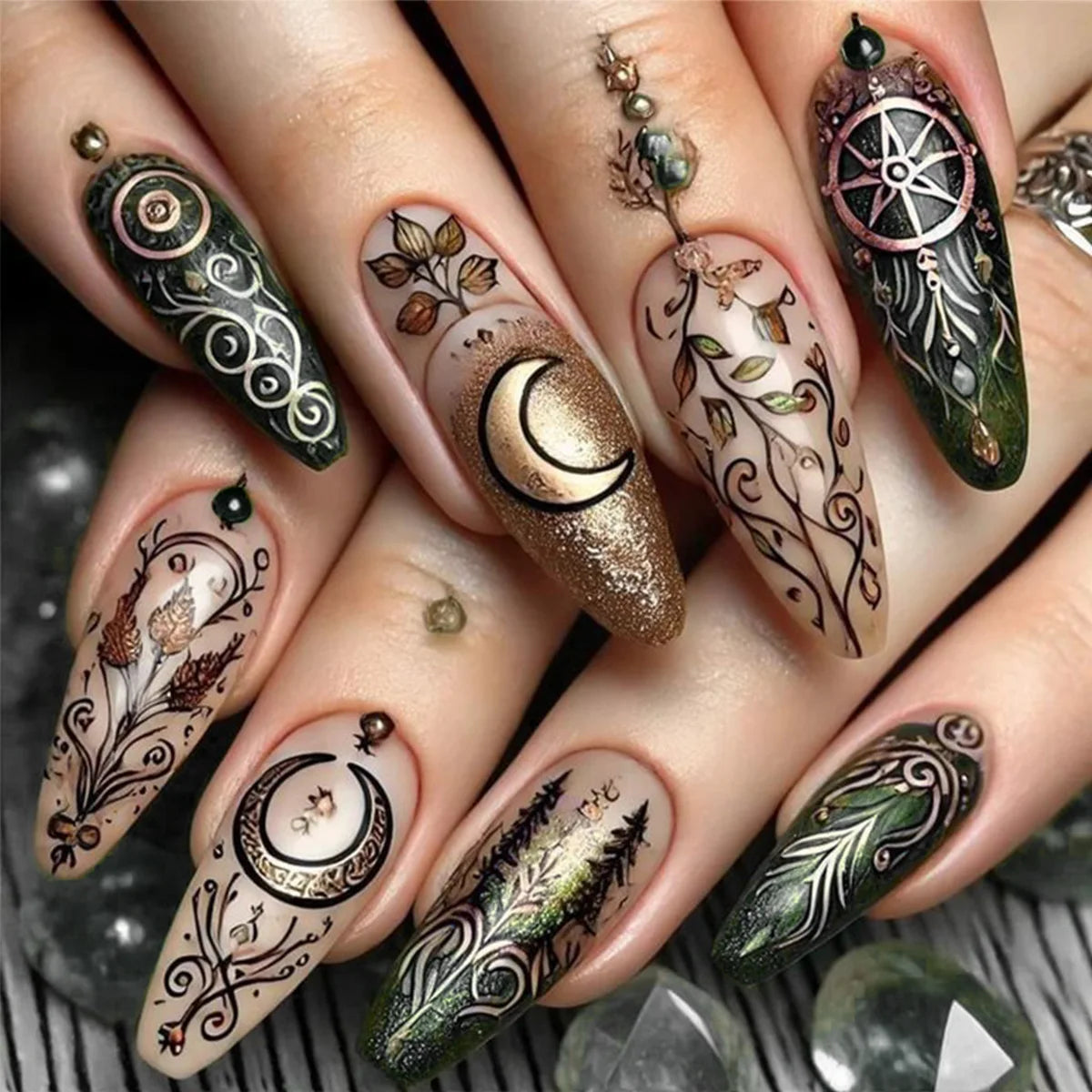 24Pcs Retro French Fake Nails with Moon Leaves Design - Glitter False Nails Mid Length Almond Shape - Reusable Press on Nails for Women - Perfect for Parties, Weddings & Special Occasions