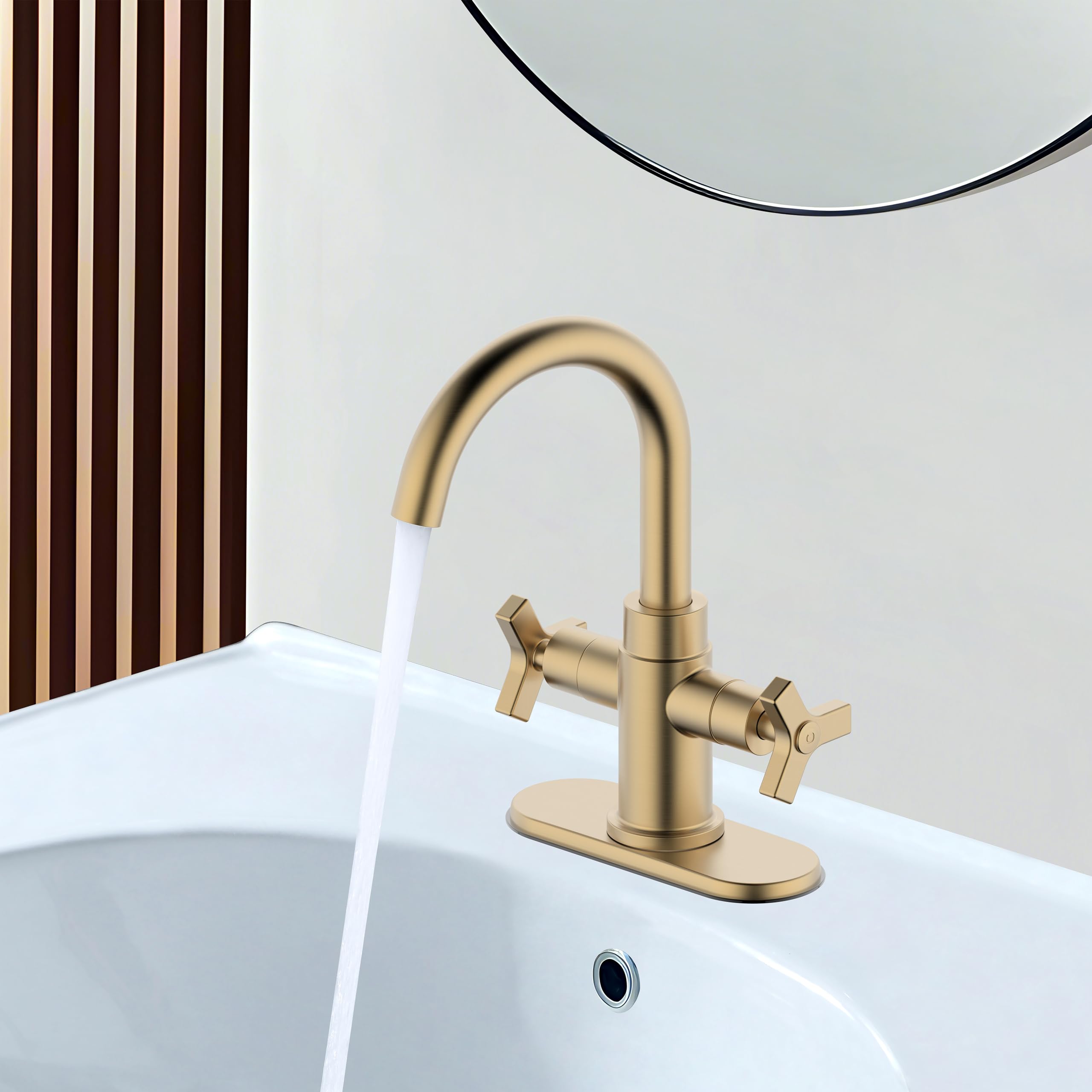 Elegant Brushed Gold Bathroom Faucet - Two-Handle Single Hole Bathroom Sink Faucet with Water Supply Line for Vanity & Lavatory (Model F-0081-CS) - Perfect for Modern Home, Hotel, and Apartment Bathroom Renovations
